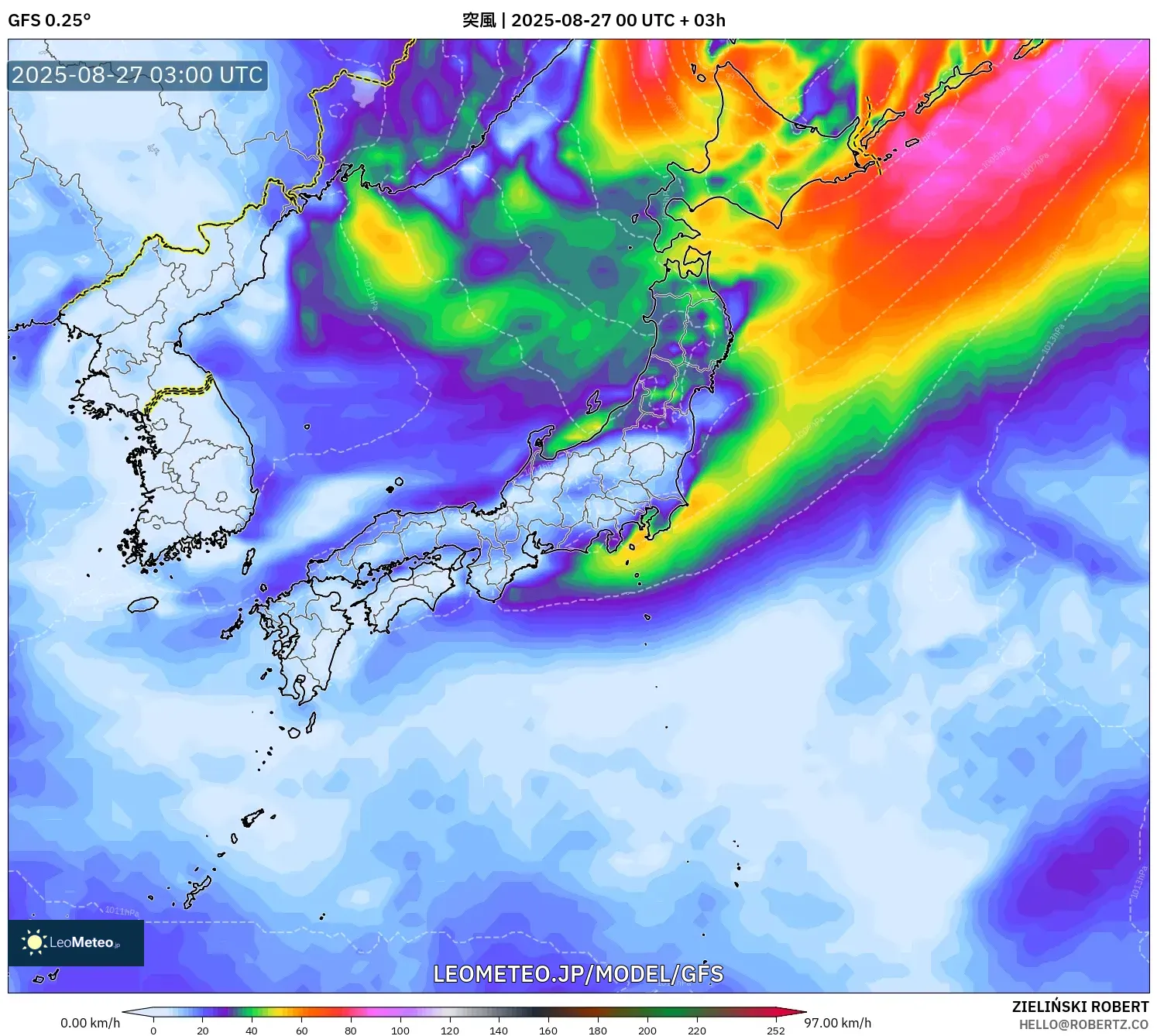 GFS model - 日本, 突風 GFS model - 日本, 突風