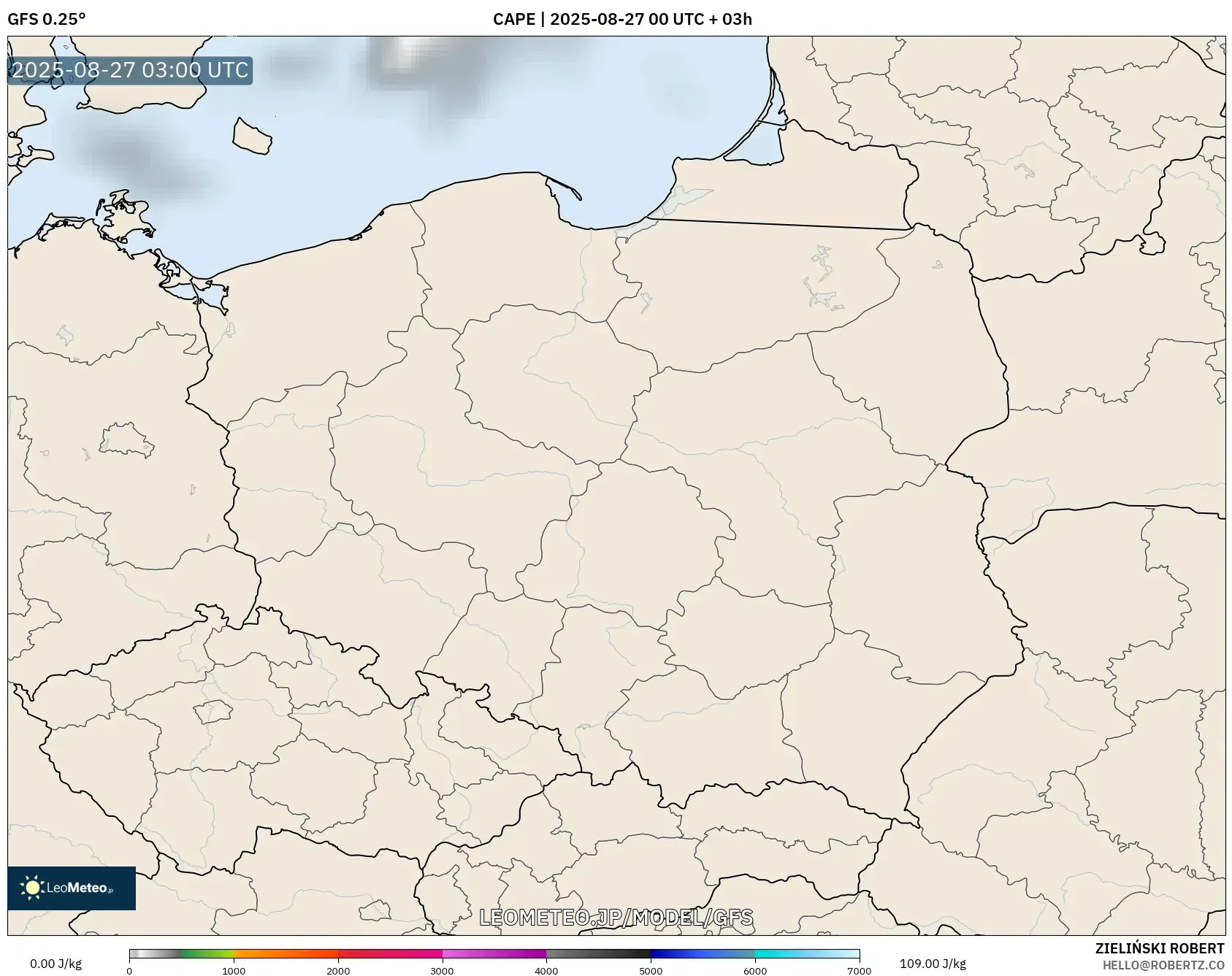 GFS model - ポーランド, CAPE GFS model - ポーランド, CAPE