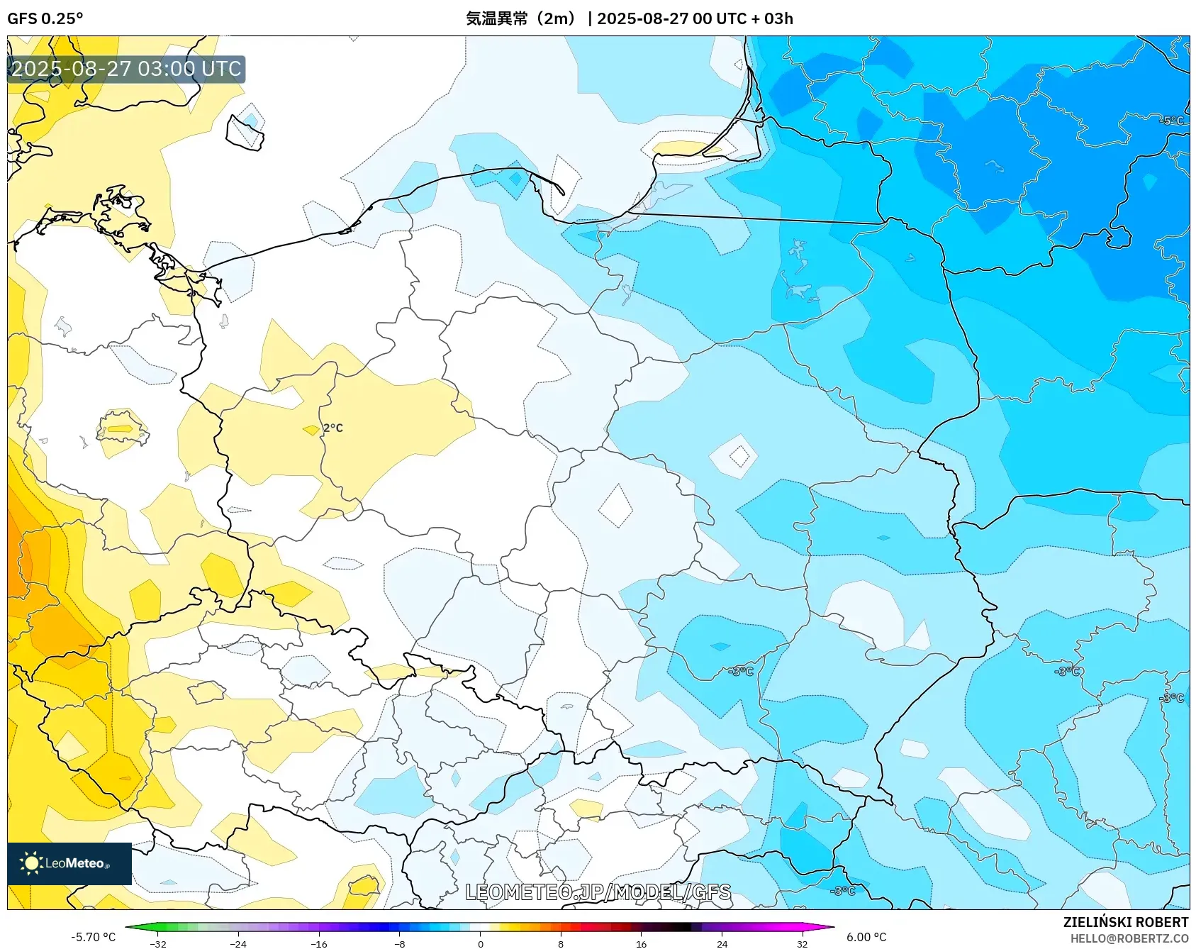 GFS model - ポーランド, 気温異常(2m) GFS model - ポーランド, 気温異常(2m)