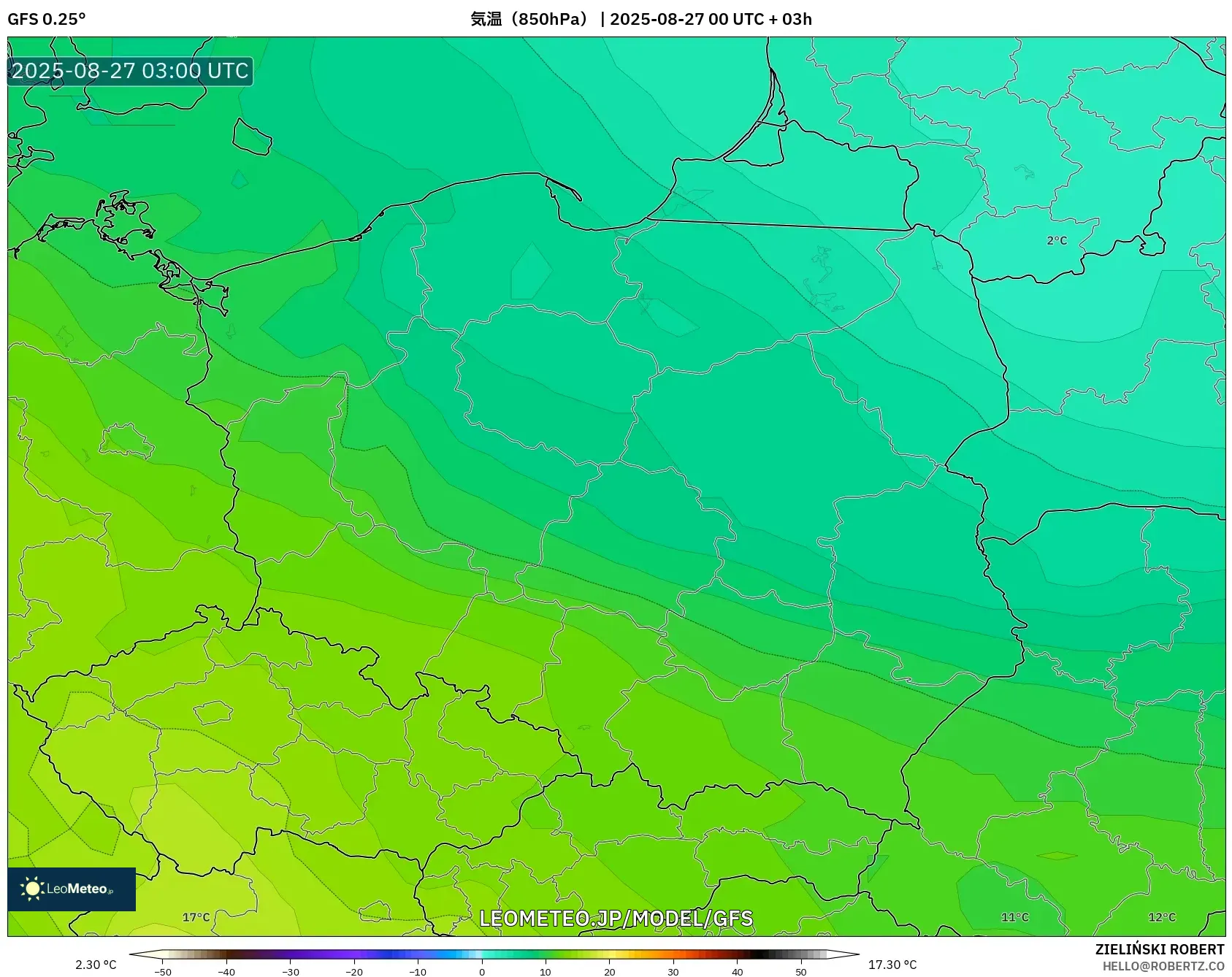 GFS model - ポーランド, 気温(850hPa) GFS model - ポーランド, 気温(850hPa)