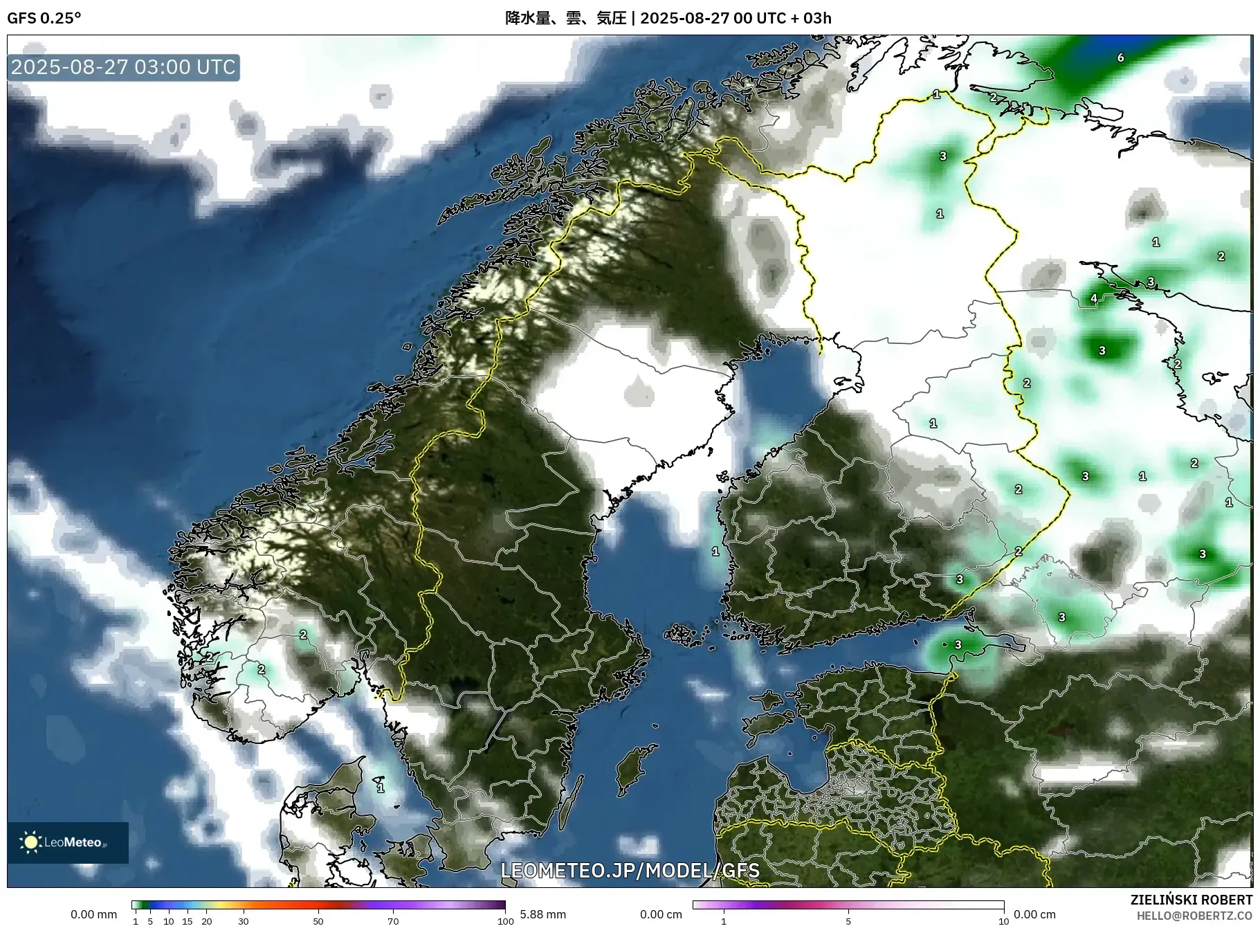 GFS model - スカンジナビア, 降水量、雲、気圧 GFS model - スカンジナビア, 降水量、雲、気圧