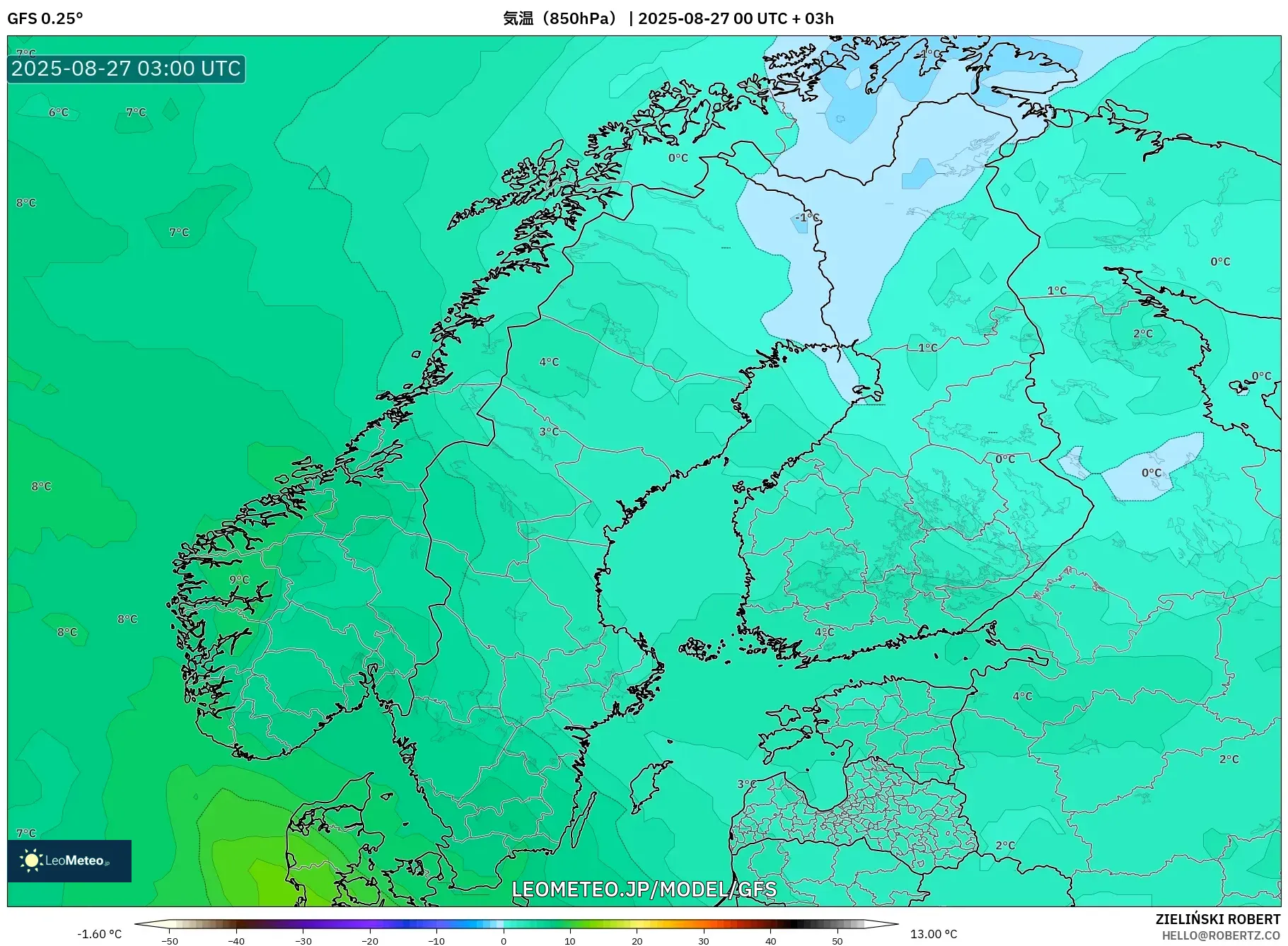 GFS model - スカンジナビア, 気温(850hPa) GFS model - スカンジナビア, 気温(850hPa)