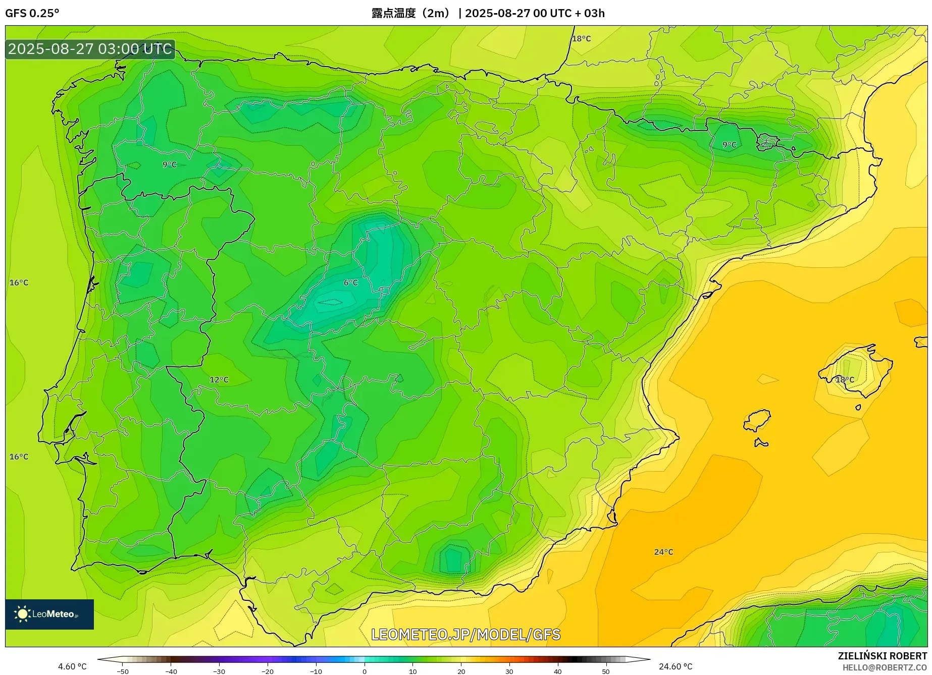 GFS model - スペイン, 露点温度(2m) GFS model - スペイン, 露点温度(2m)