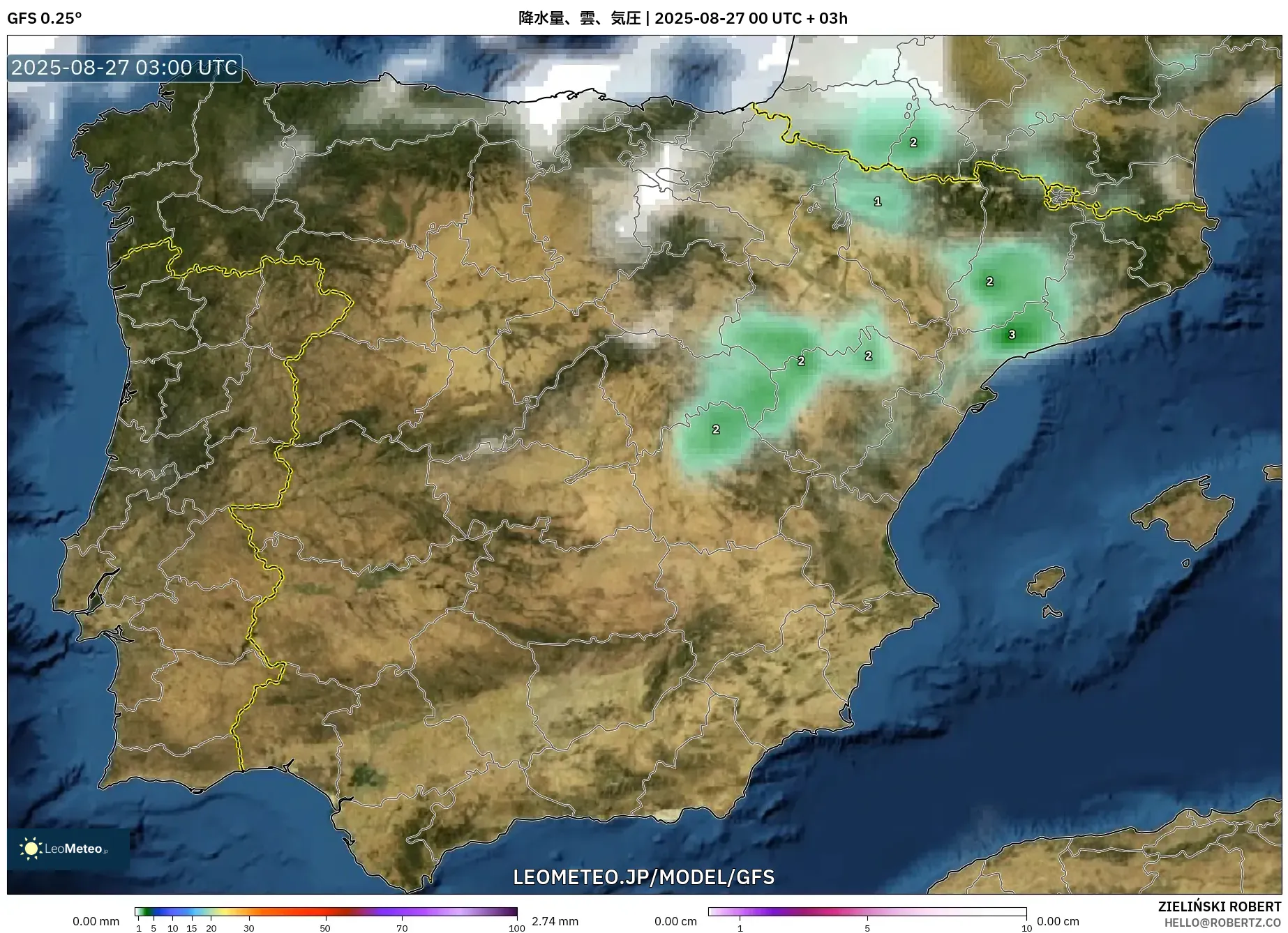 GFS model - スペイン, 降水量、雲、気圧 GFS model - スペイン, 降水量、雲、気圧