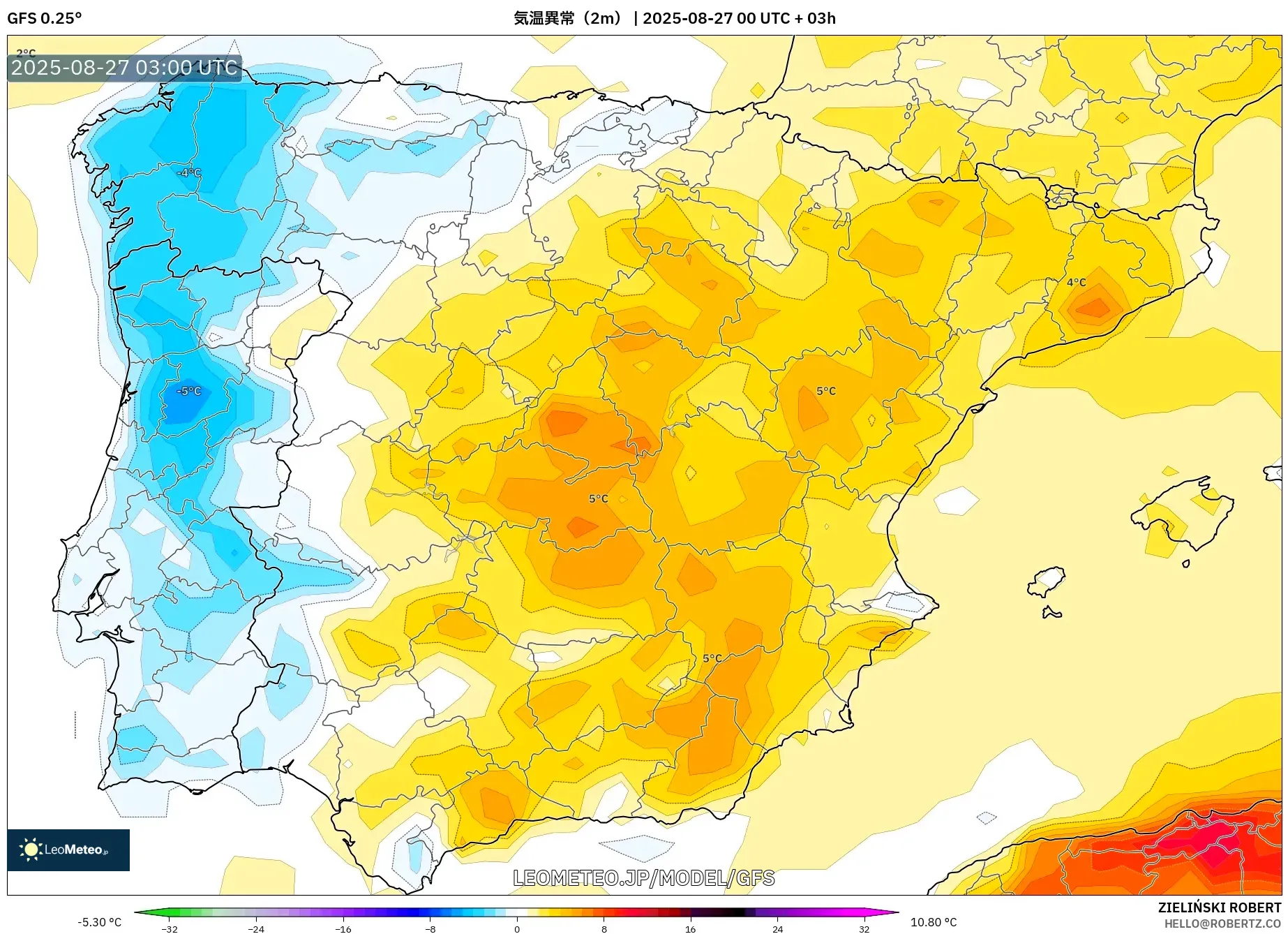GFS model - スペイン, 気温異常(2m) GFS model - スペイン, 気温異常(2m)