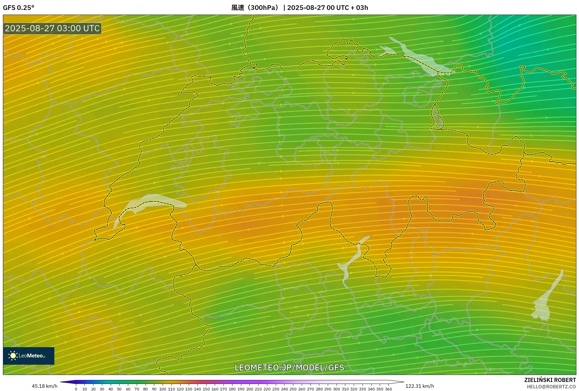 GFS model - スイス, 風速(300hPa) GFS model - スイス, 風速(300hPa)