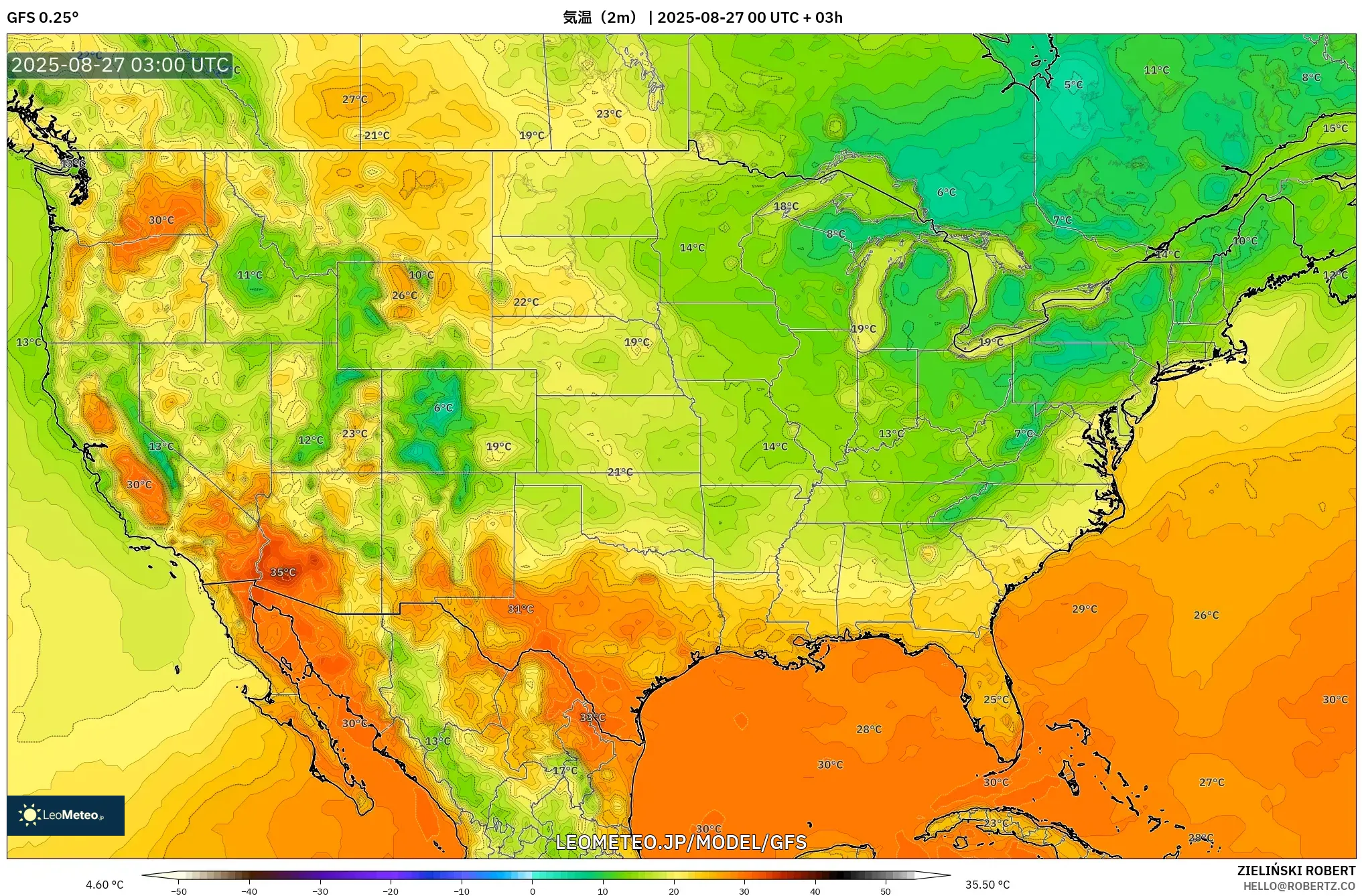 GFS model - アメリカ合衆国, 気温(2m) GFS model - アメリカ合衆国, 気温(2m)