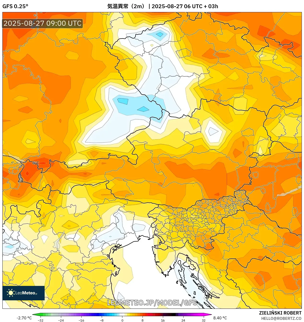 GFS model - オーストリア, 気温異常(2m) GFS model - オーストリア, 気温異常(2m)