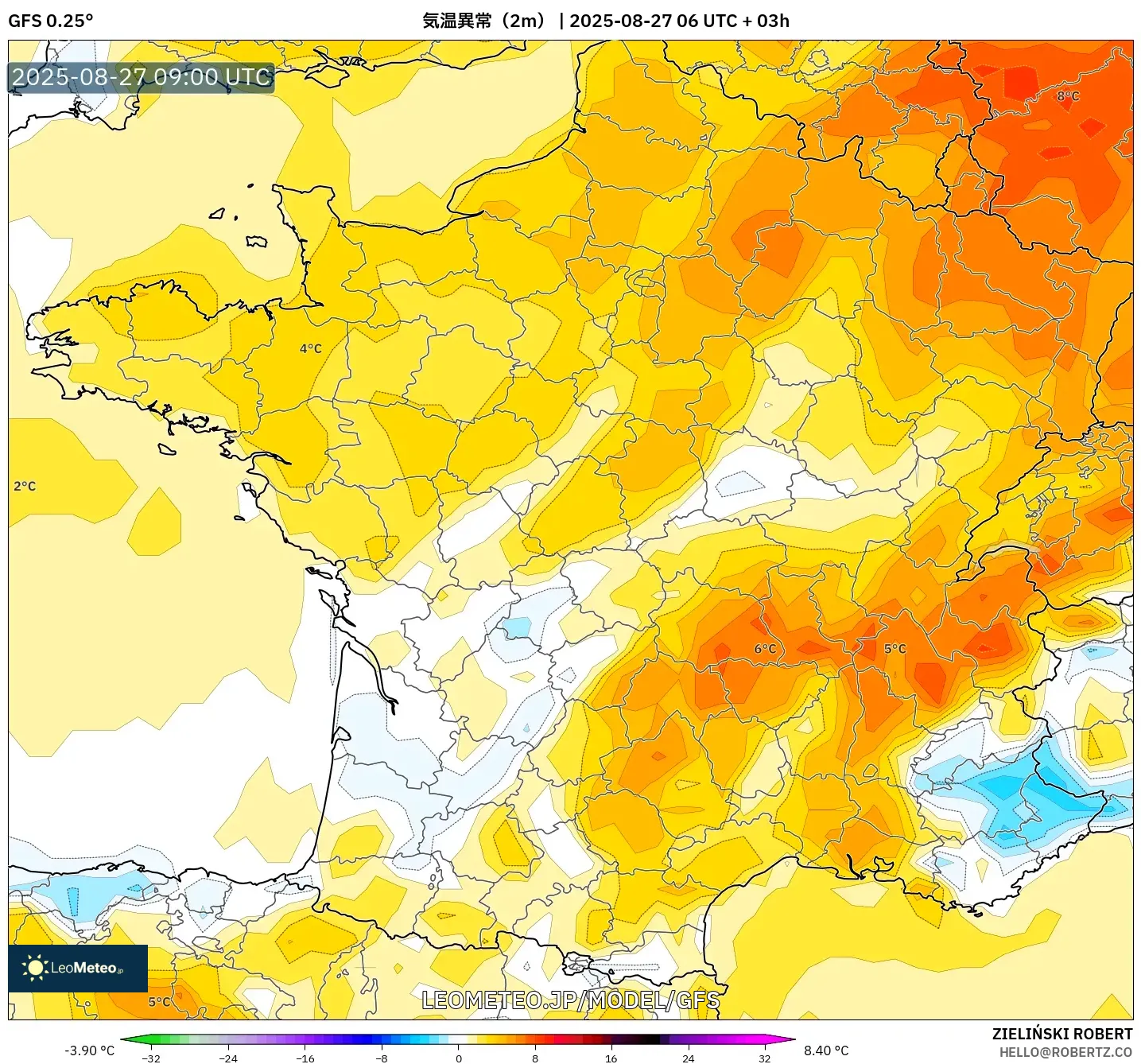 GFS model - フランス, 気温異常(2m) GFS model - フランス, 気温異常(2m)