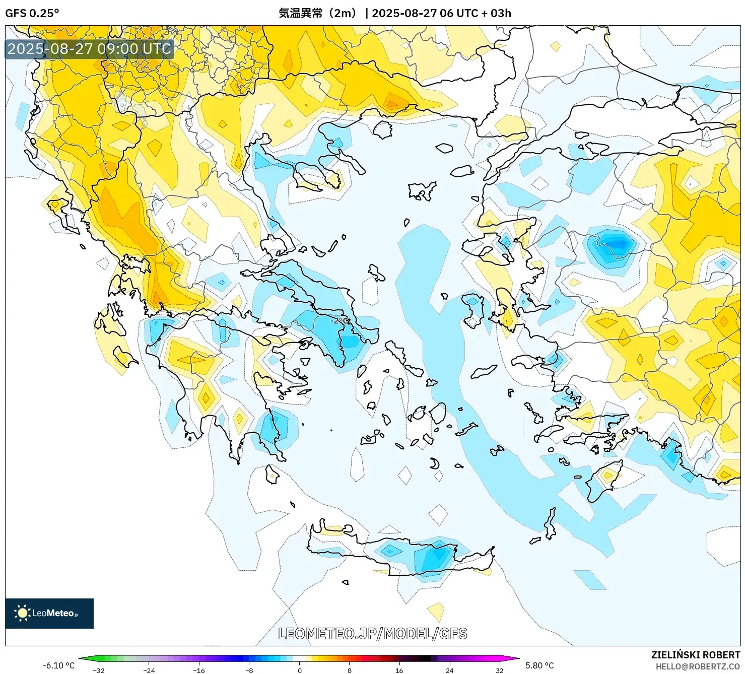 GFS model - ギリシャ, 気温異常(2m) GFS model - ギリシャ, 気温異常(2m)