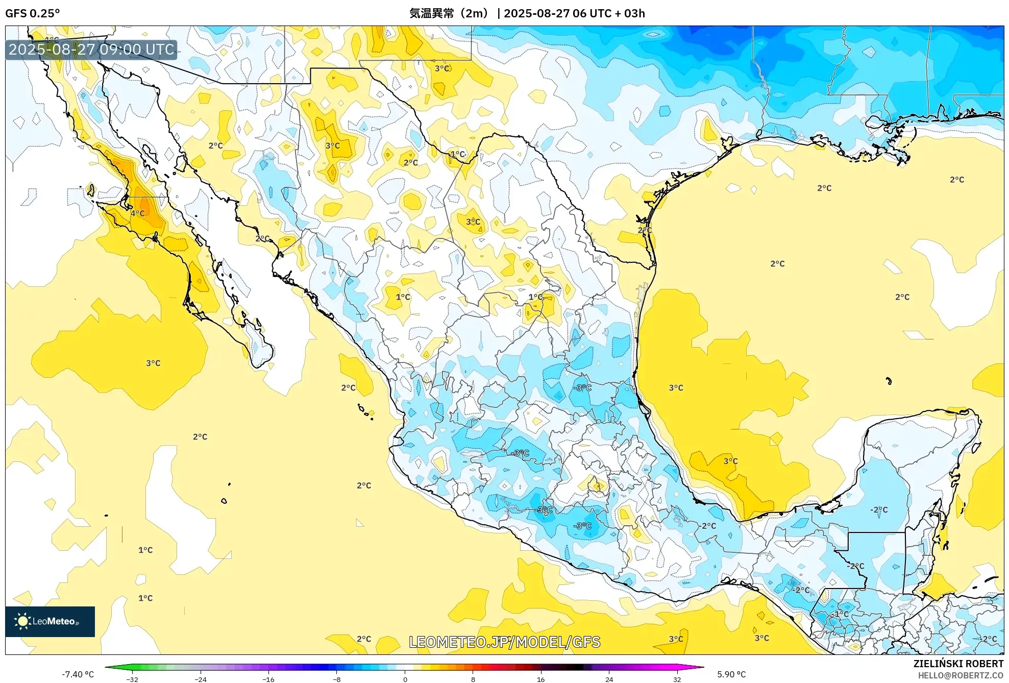 GFS model - メキシコ, 気温異常(2m) GFS model - メキシコ, 気温異常(2m)