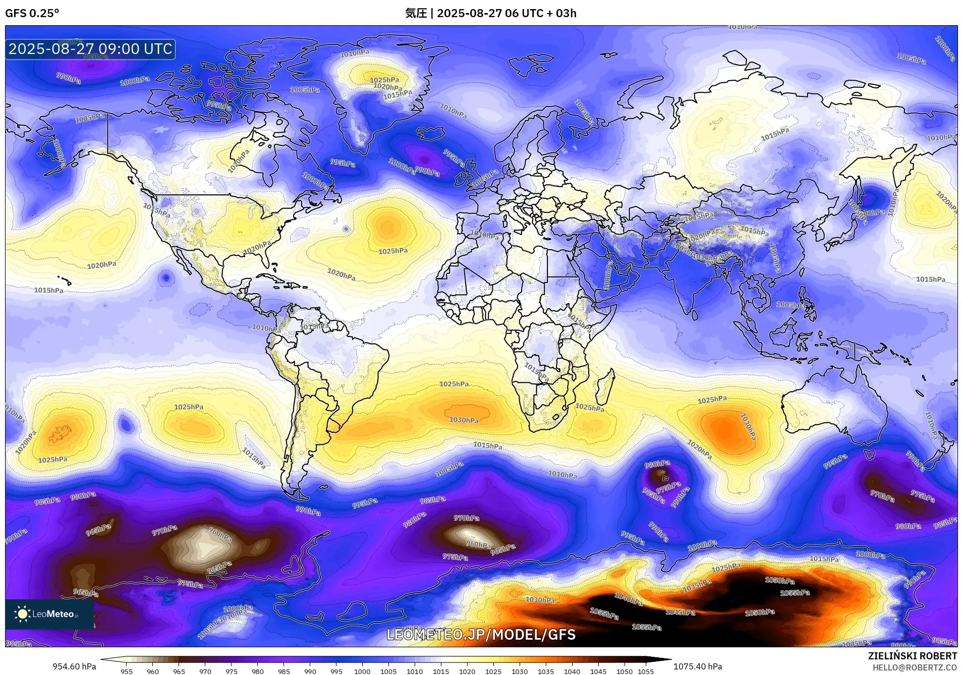 GFS model - 世界, 気圧 GFS model - 世界, 気圧