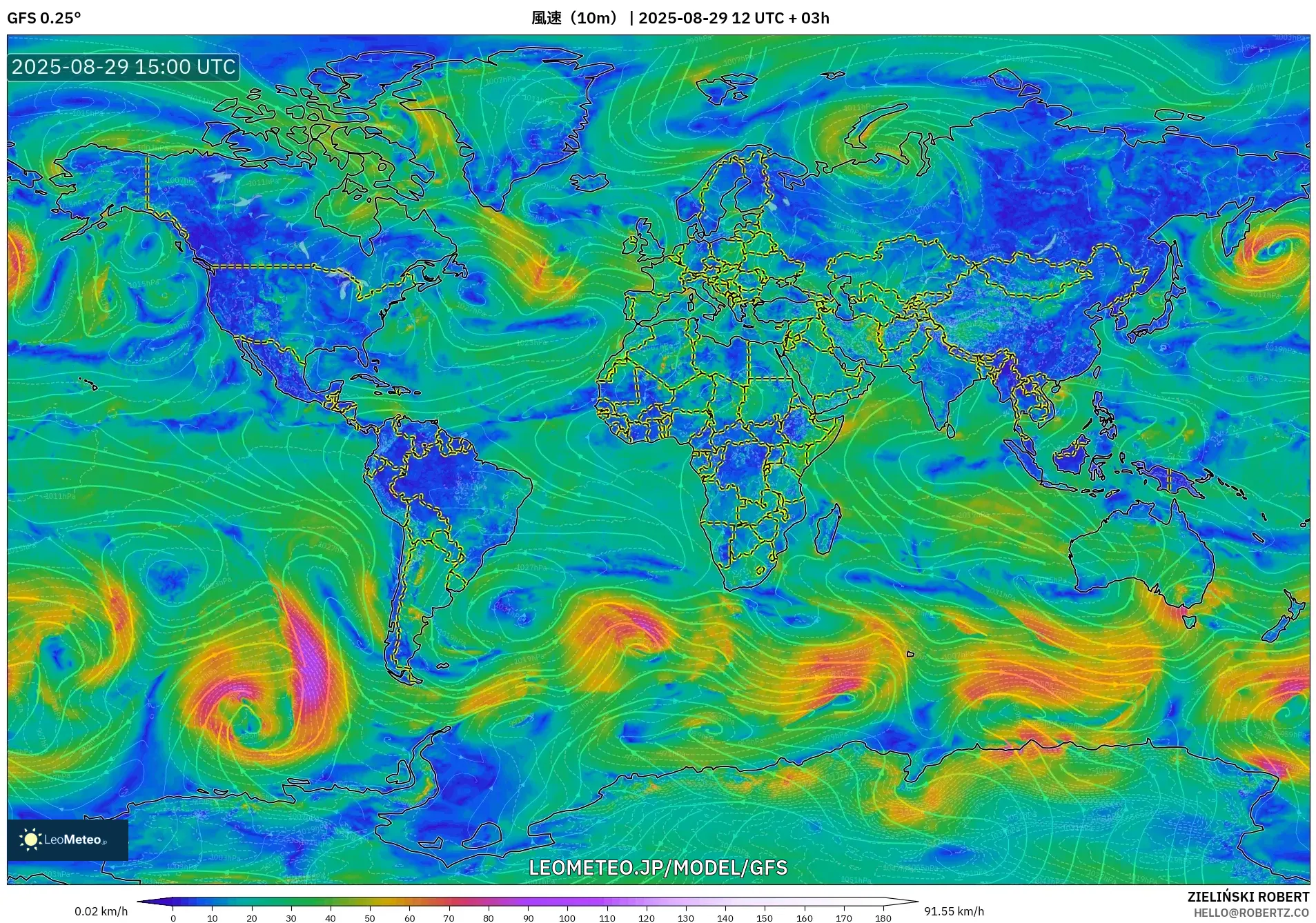 GFS model - 世界, 風速(10m) GFS model - 世界, 風速(10m)