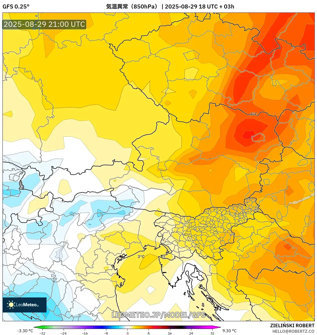 GFS model - オーストリア, 気温異常(850hPa) GFS model - オーストリア, 気温異常(850hPa)