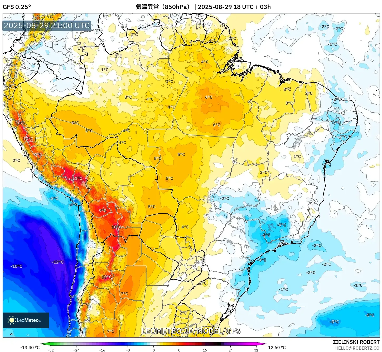GFS model - ブラジル, 気温異常(850hPa) GFS model - ブラジル, 気温異常(850hPa)