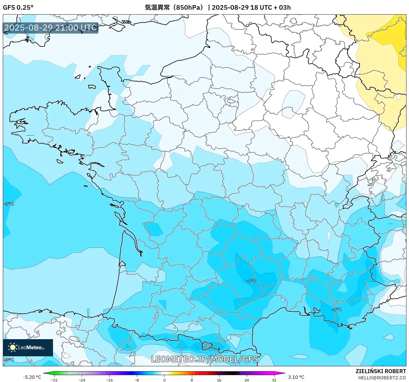 GFS model - フランス, 気温異常(850hPa) GFS model - フランス, 気温異常(850hPa)