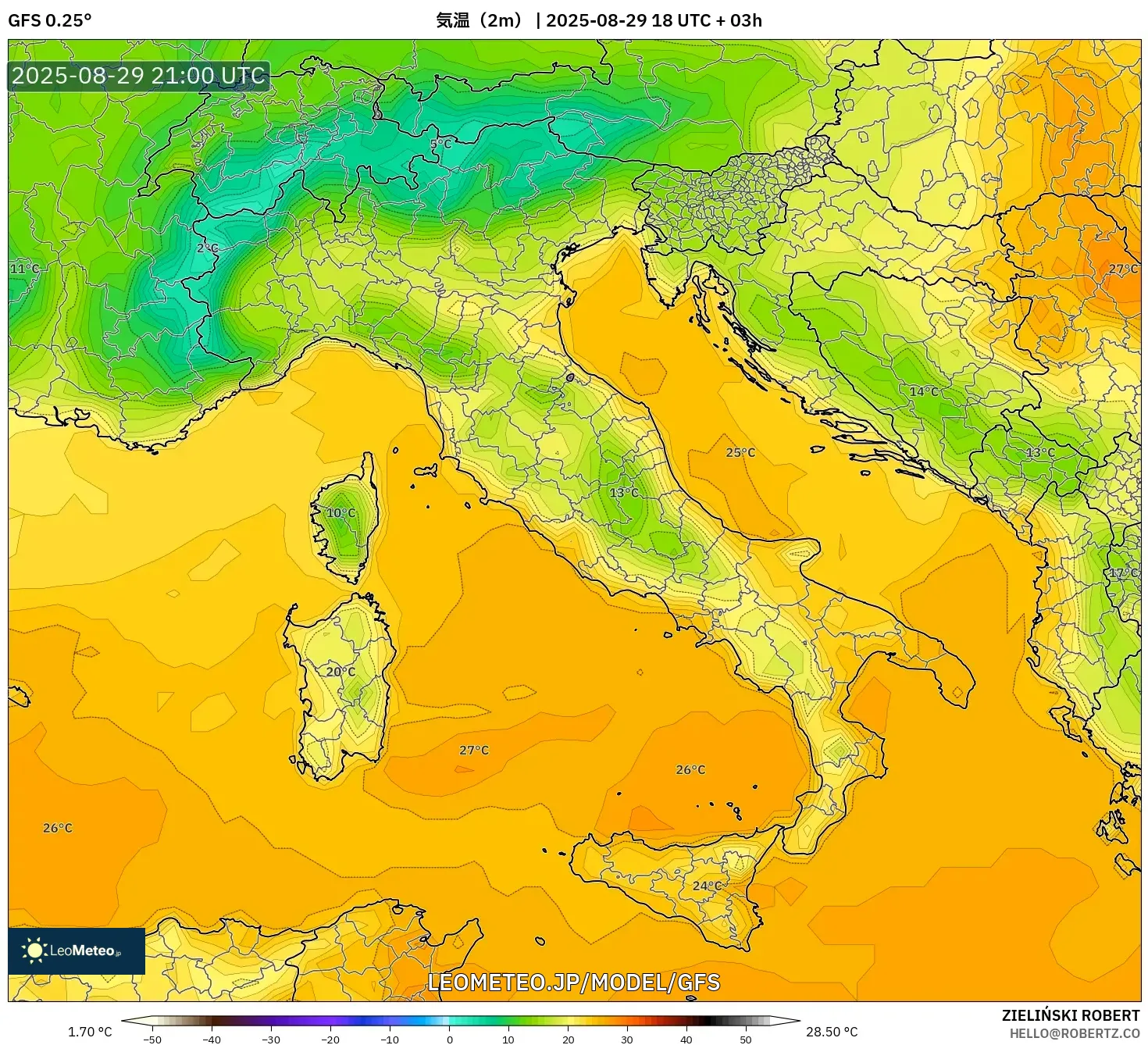 GFS model - イタリア, 気温(2m) GFS model - イタリア, 気温(2m)