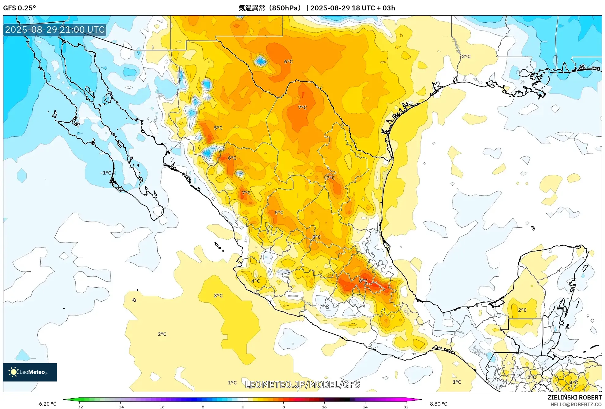 GFS model - メキシコ, 気温異常(850hPa) GFS model - メキシコ, 気温異常(850hPa)