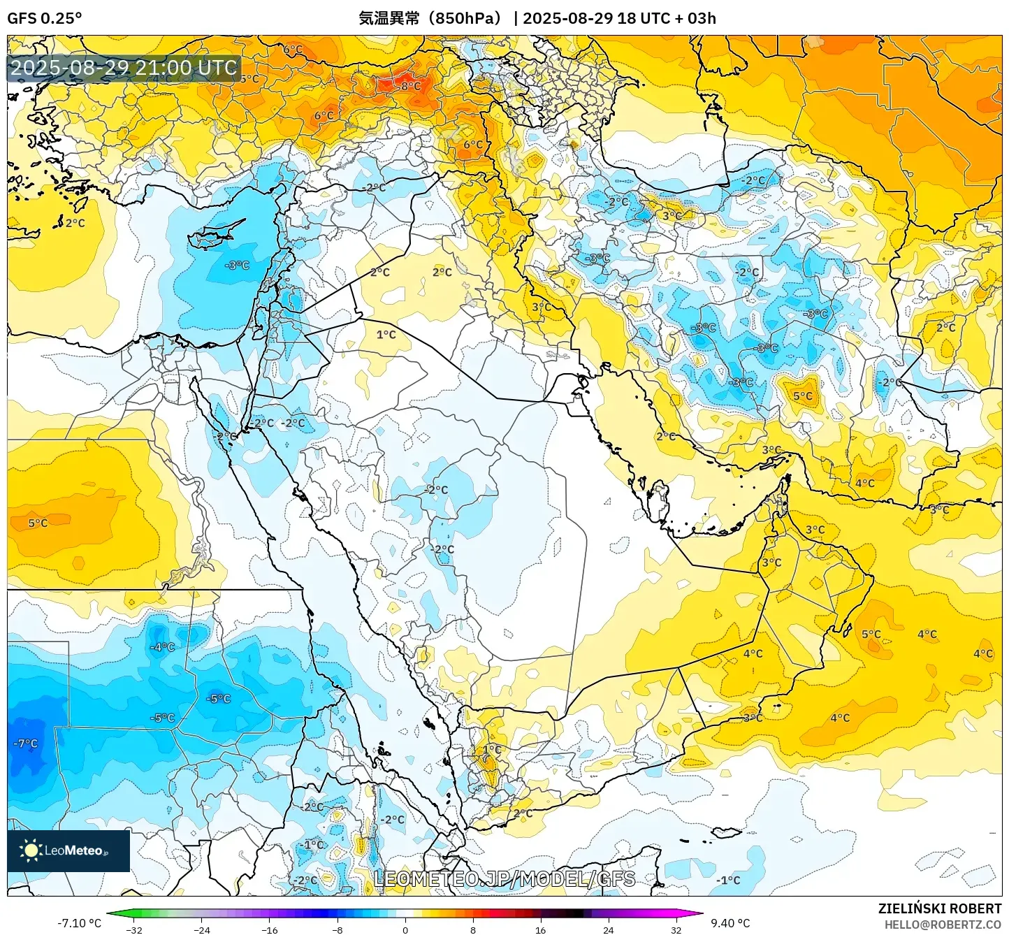 GFS model - 中東, 気温異常(850hPa) GFS model - 中東, 気温異常(850hPa)