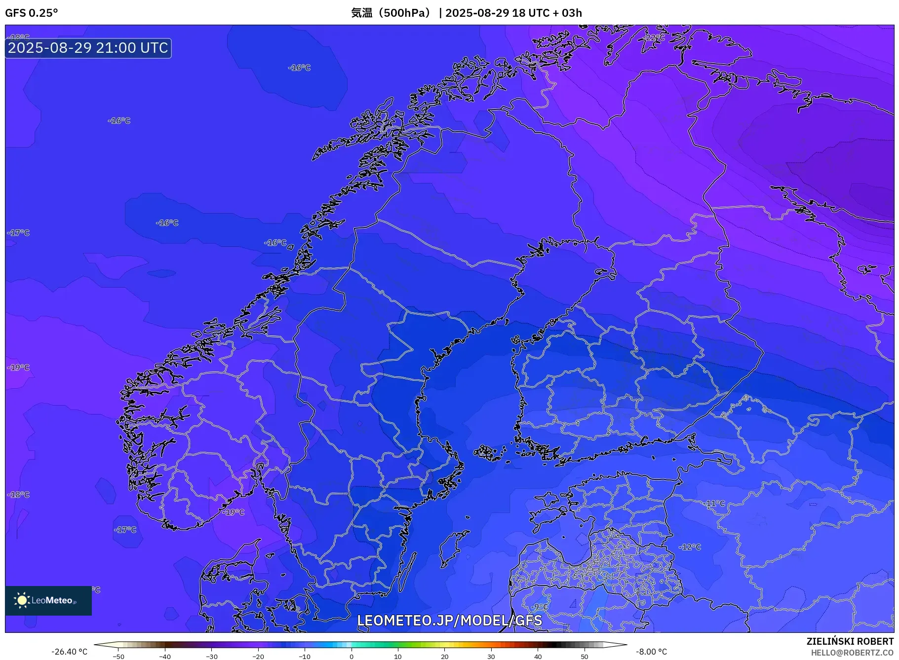 GFS model - スカンジナビア, 気温(500hPa) GFS model - スカンジナビア, 気温(500hPa)