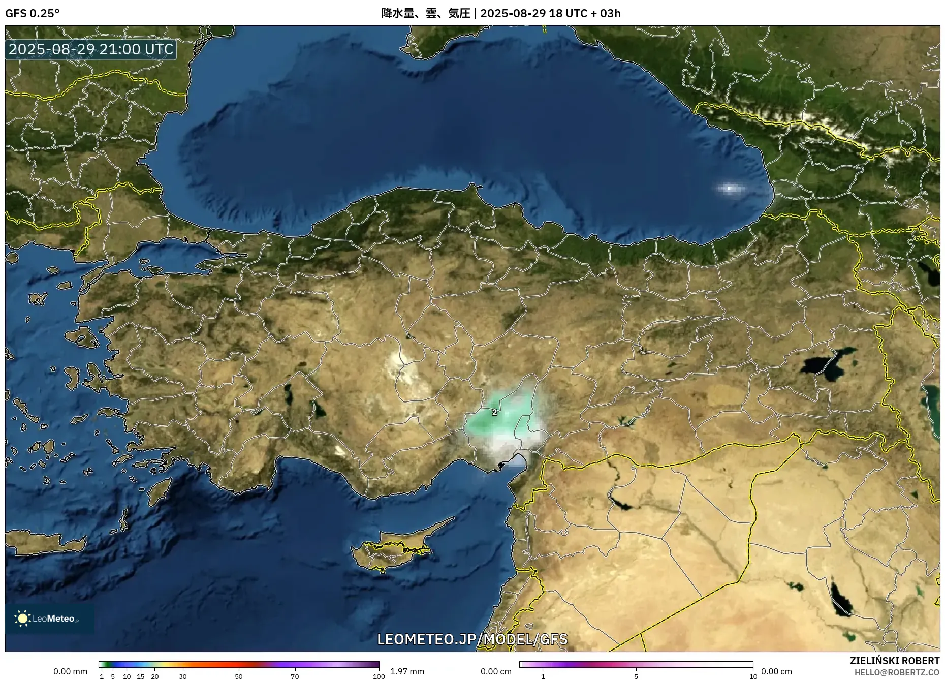 GFS model - トルコ, 降水量、雲、気圧 GFS model - トルコ, 降水量、雲、気圧