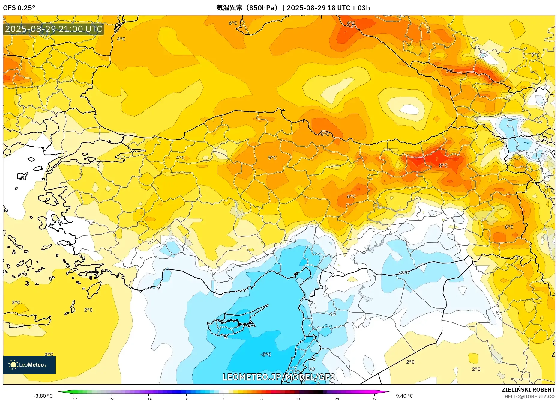 GFS model - トルコ, 気温異常(850hPa) GFS model - トルコ, 気温異常(850hPa)