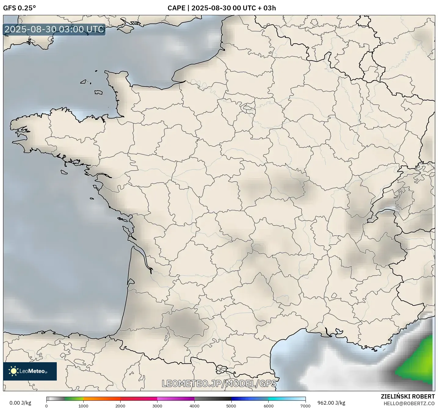 GFS model - フランス, CAPE GFS model - フランス, CAPE