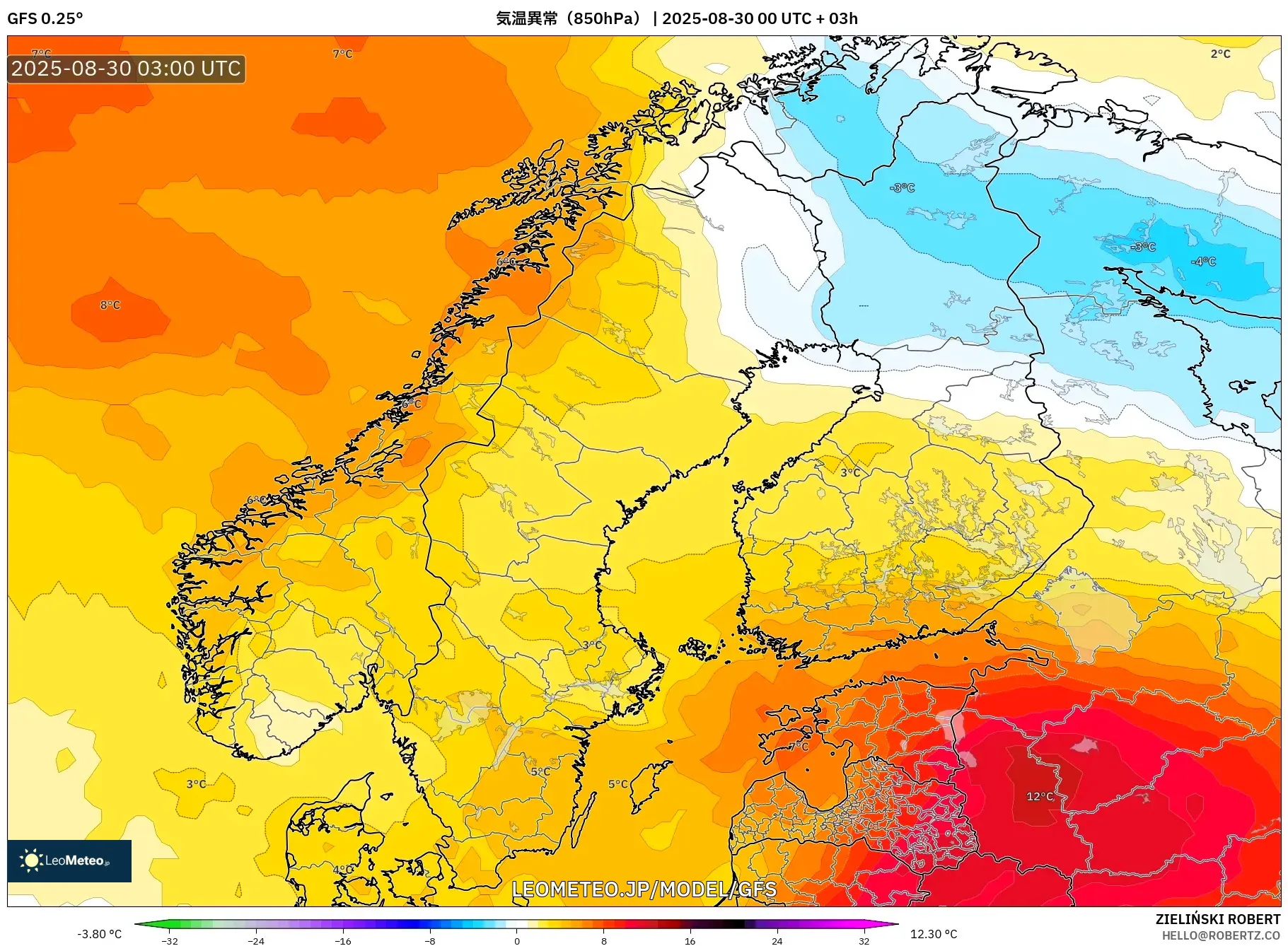 GFS model - スカンジナビア, 気温異常(850hPa) GFS model - スカンジナビア, 気温異常(850hPa)