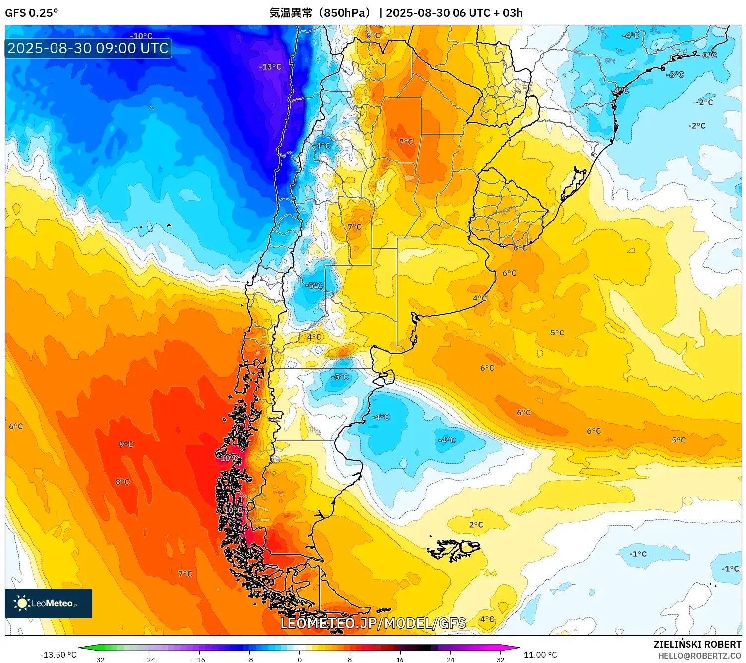 GFS model - アルゼンチン, 気温異常(850hPa) GFS model - アルゼンチン, 気温異常(850hPa)