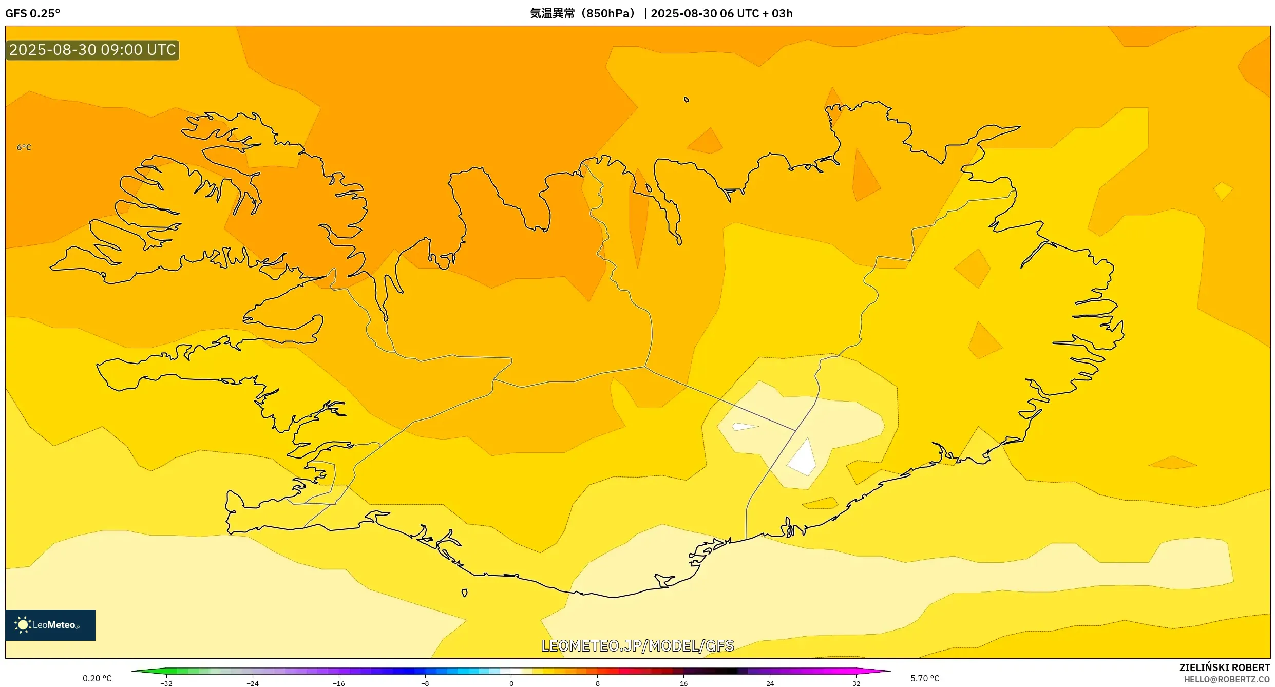 GFS model - アイスランド, 気温異常（850hPa）
