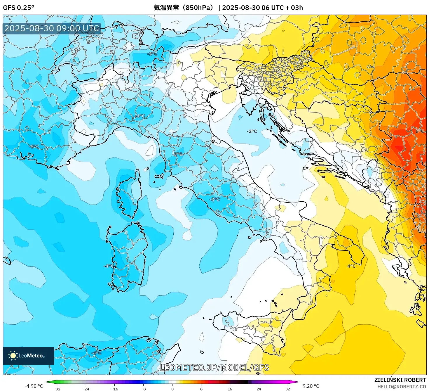 GFS model - イタリア, 気温異常(850hPa) GFS model - イタリア, 気温異常(850hPa)