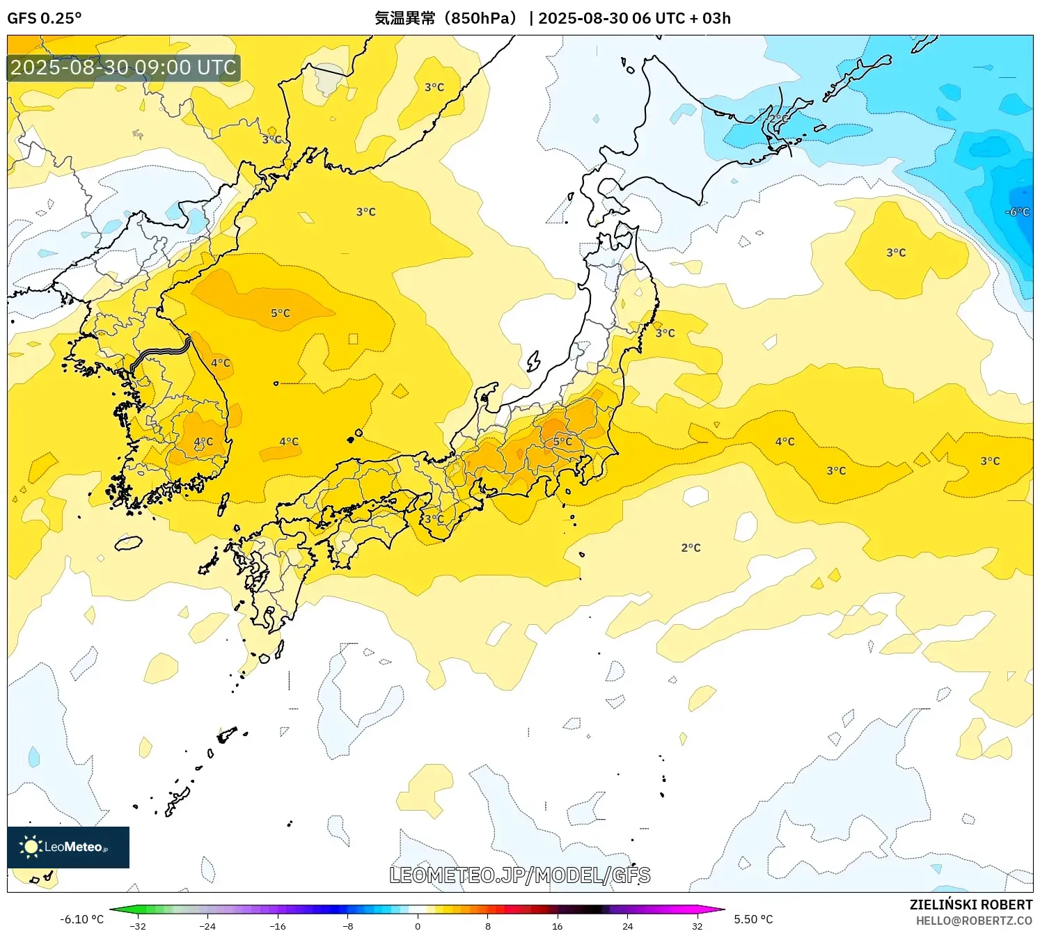 GFS model - 日本, 気温異常(850hPa) GFS model - 日本, 気温異常(850hPa)