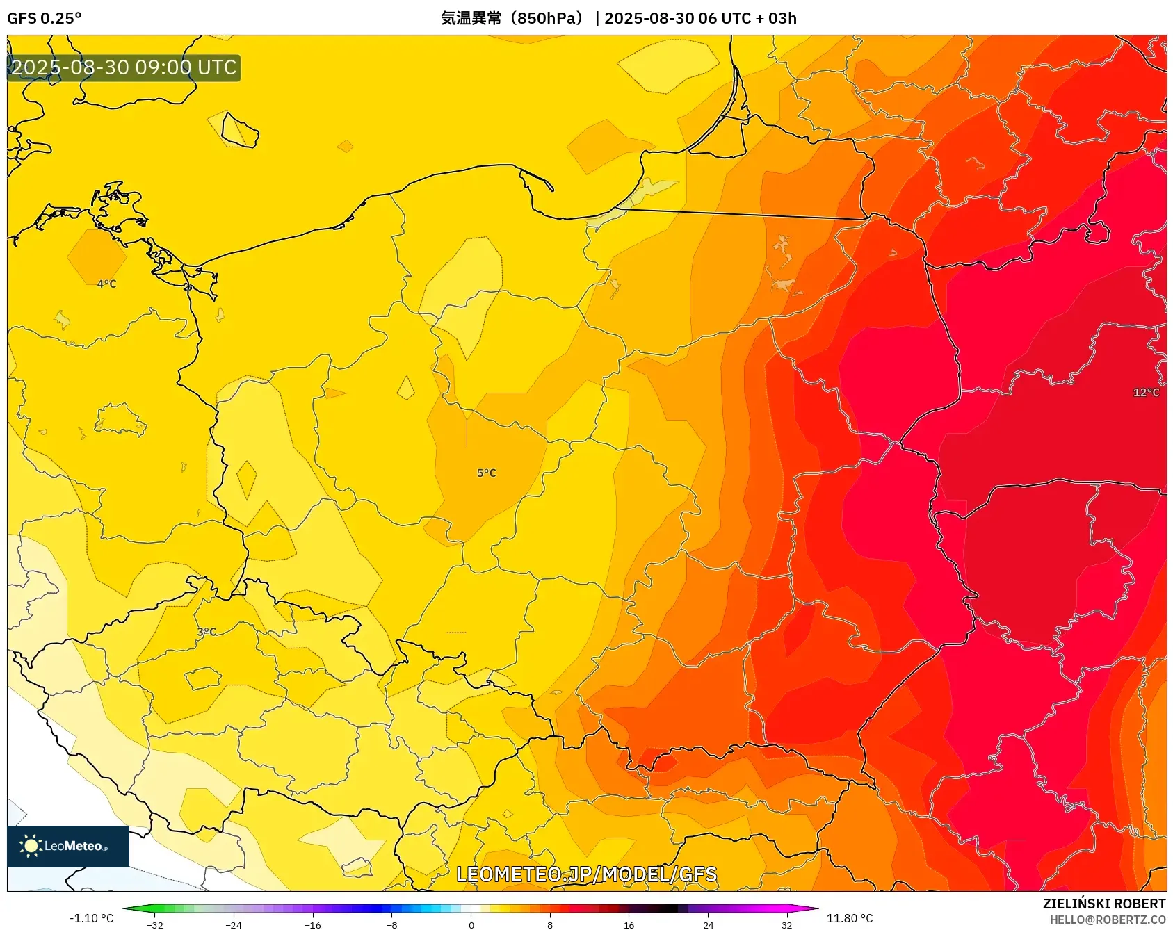 GFS model - ポーランド, 気温異常(850hPa) GFS model - ポーランド, 気温異常(850hPa)