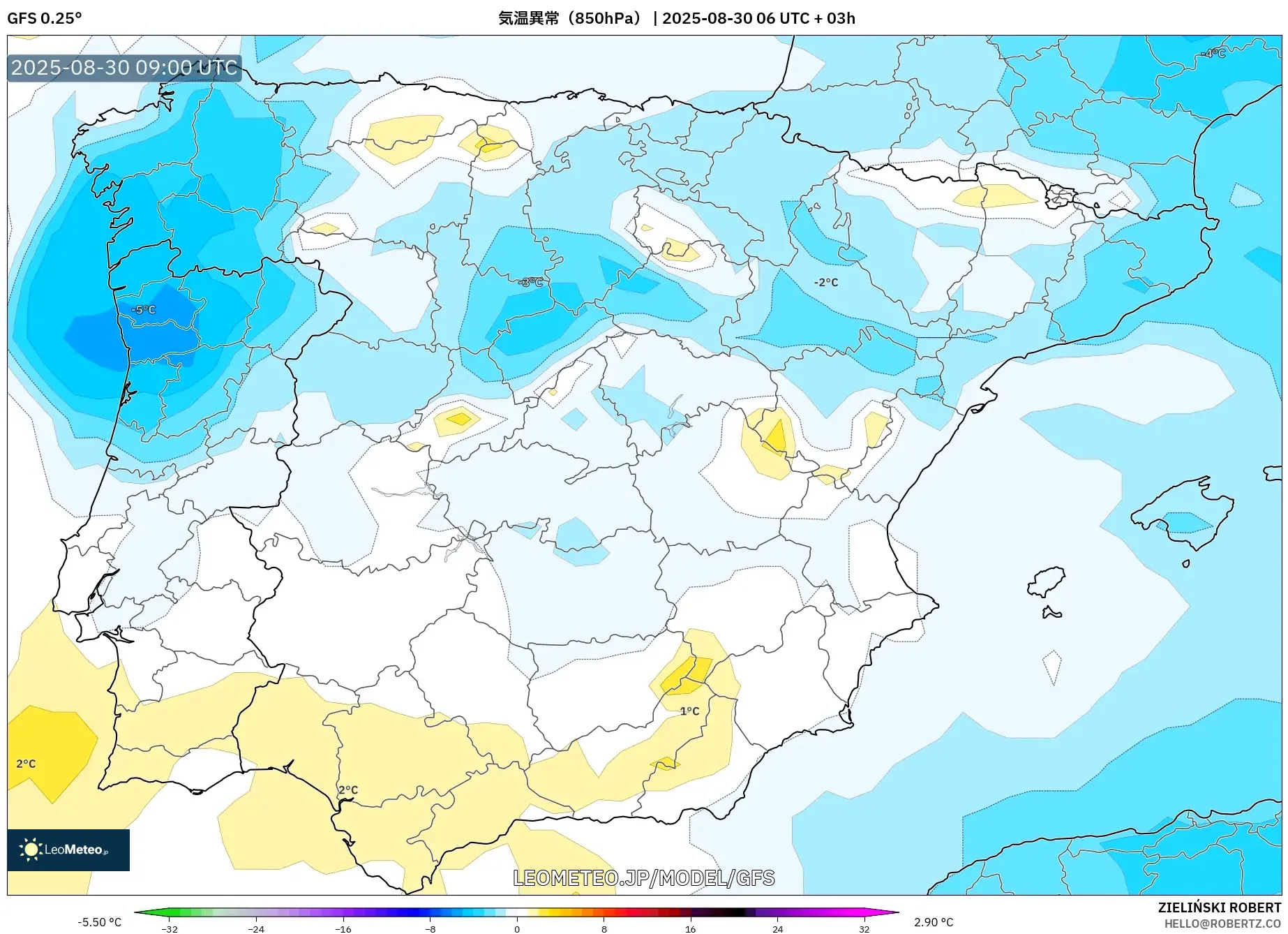 GFS model - スペイン, 気温異常(850hPa) GFS model - スペイン, 気温異常(850hPa)