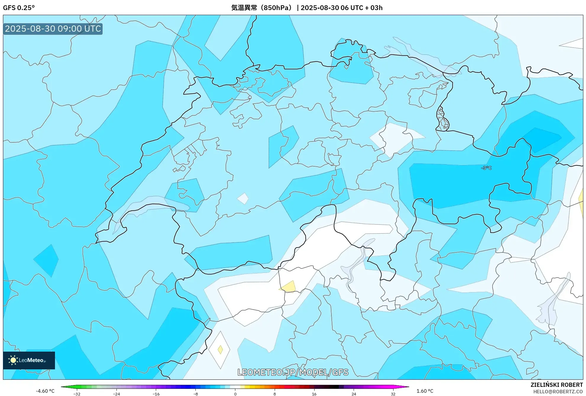 GFS model - スイス, 気温異常（850hPa）