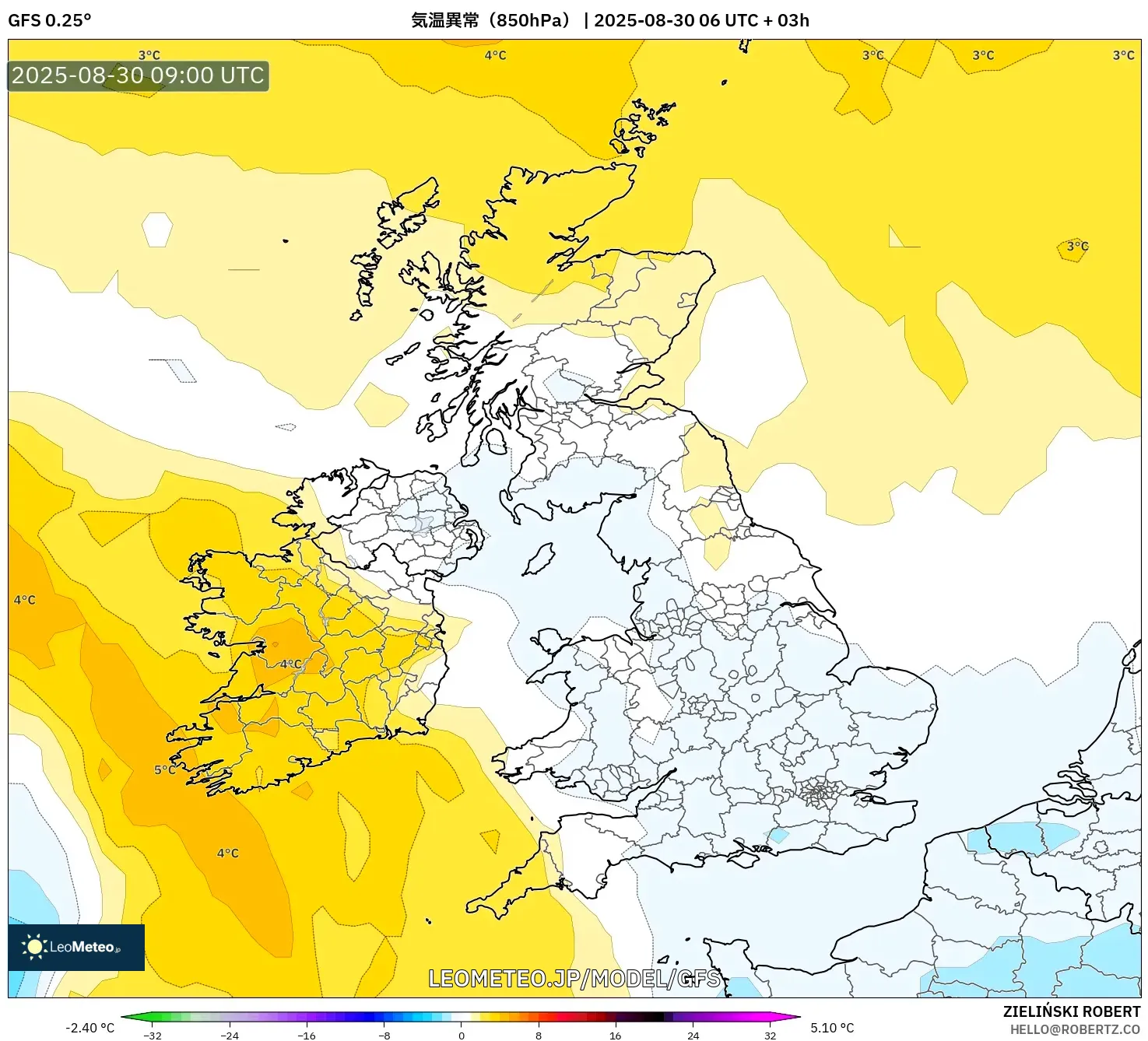 GFS model - イギリス, 気温異常(850hPa) GFS model - イギリス, 気温異常(850hPa)