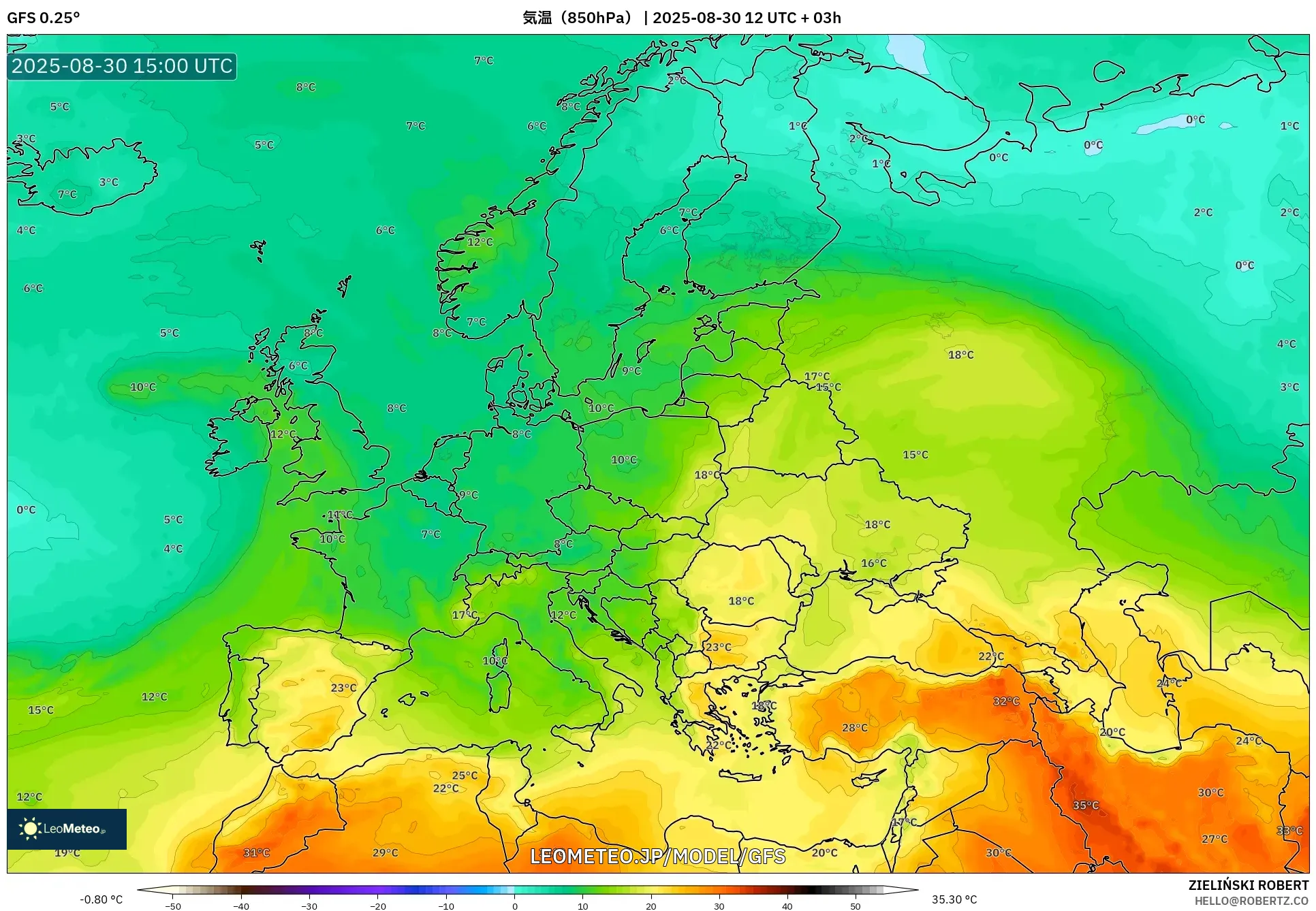 GFS model - ヨーロッパ, 気温(850hPa) GFS model - ヨーロッパ, 気温(850hPa)