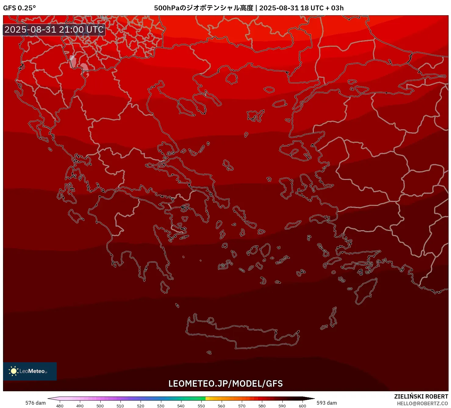 GFS model - ギリシャ, 500hPaのジオポテンシャル高度 GFS model - ギリシャ, 500hPaのジオポテンシャル高度