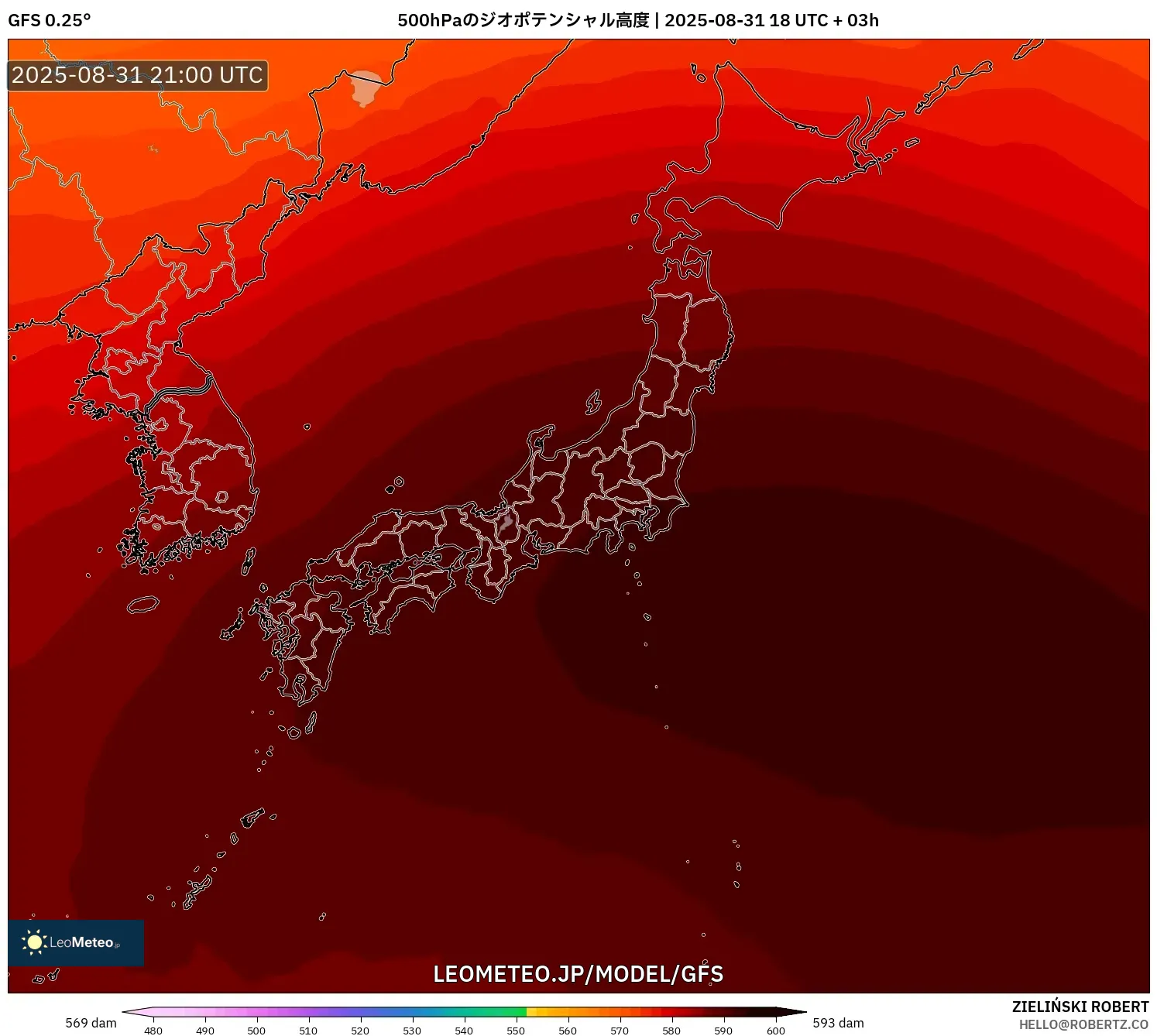 GFS model - 日本, 500hPaのジオポテンシャル高度 GFS model - 日本, 500hPaのジオポテンシャル高度