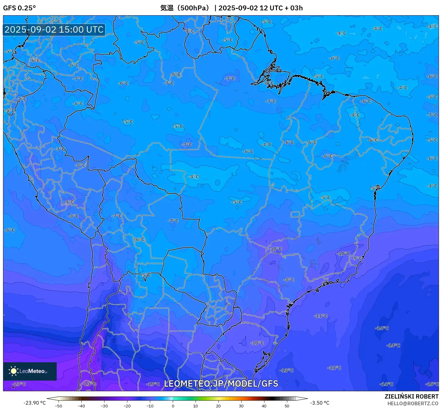 GFS model - ブラジル, 気温(500hPa) GFS model - ブラジル, 気温(500hPa)