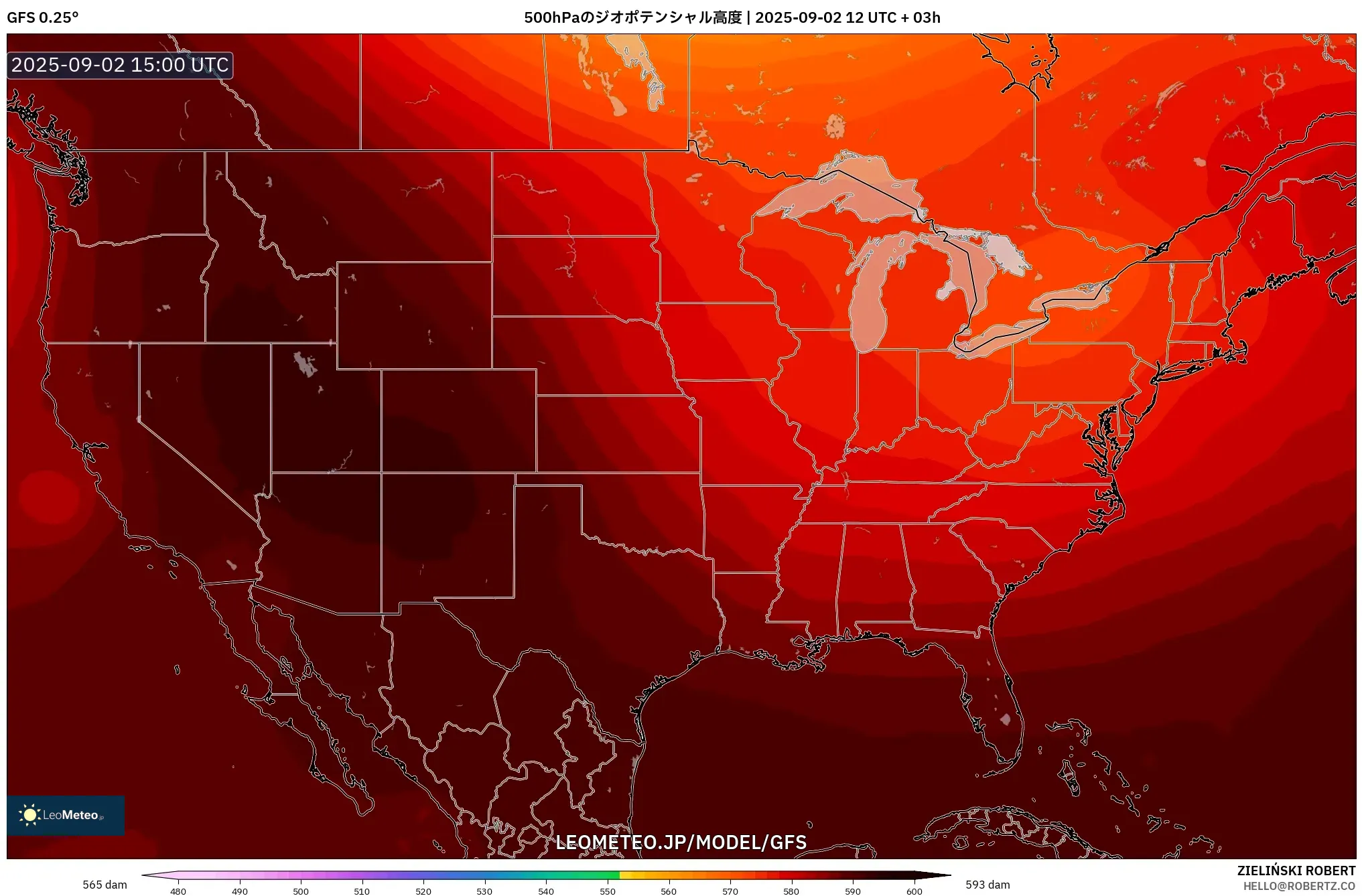 GFS model - アメリカ合衆国, 500hPaのジオポテンシャル高度 GFS model - アメリカ合衆国, 500hPaのジオポテンシャル高度