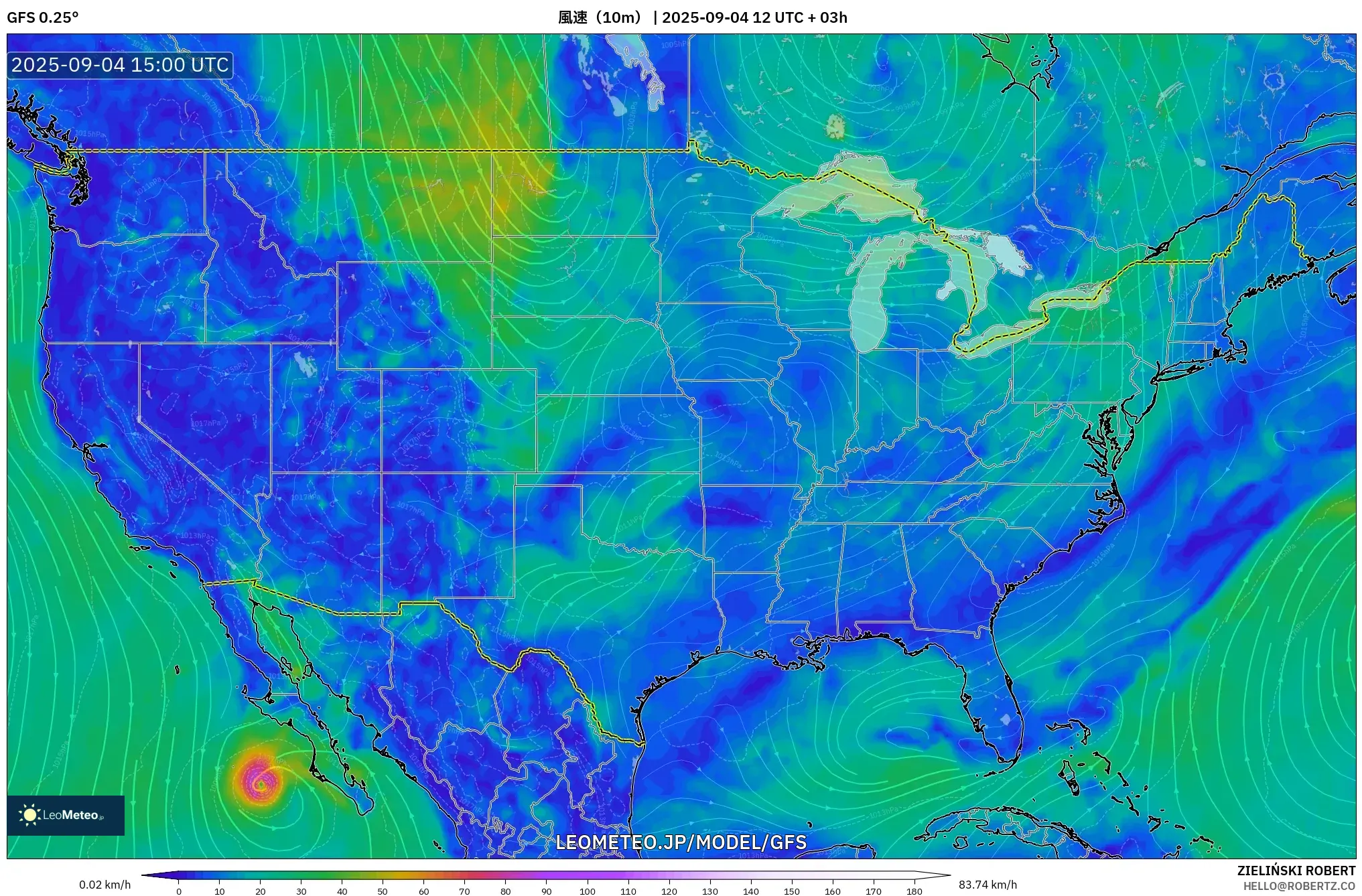 GFS model - アメリカ合衆国, 風速(10m) GFS model - アメリカ合衆国, 風速(10m)