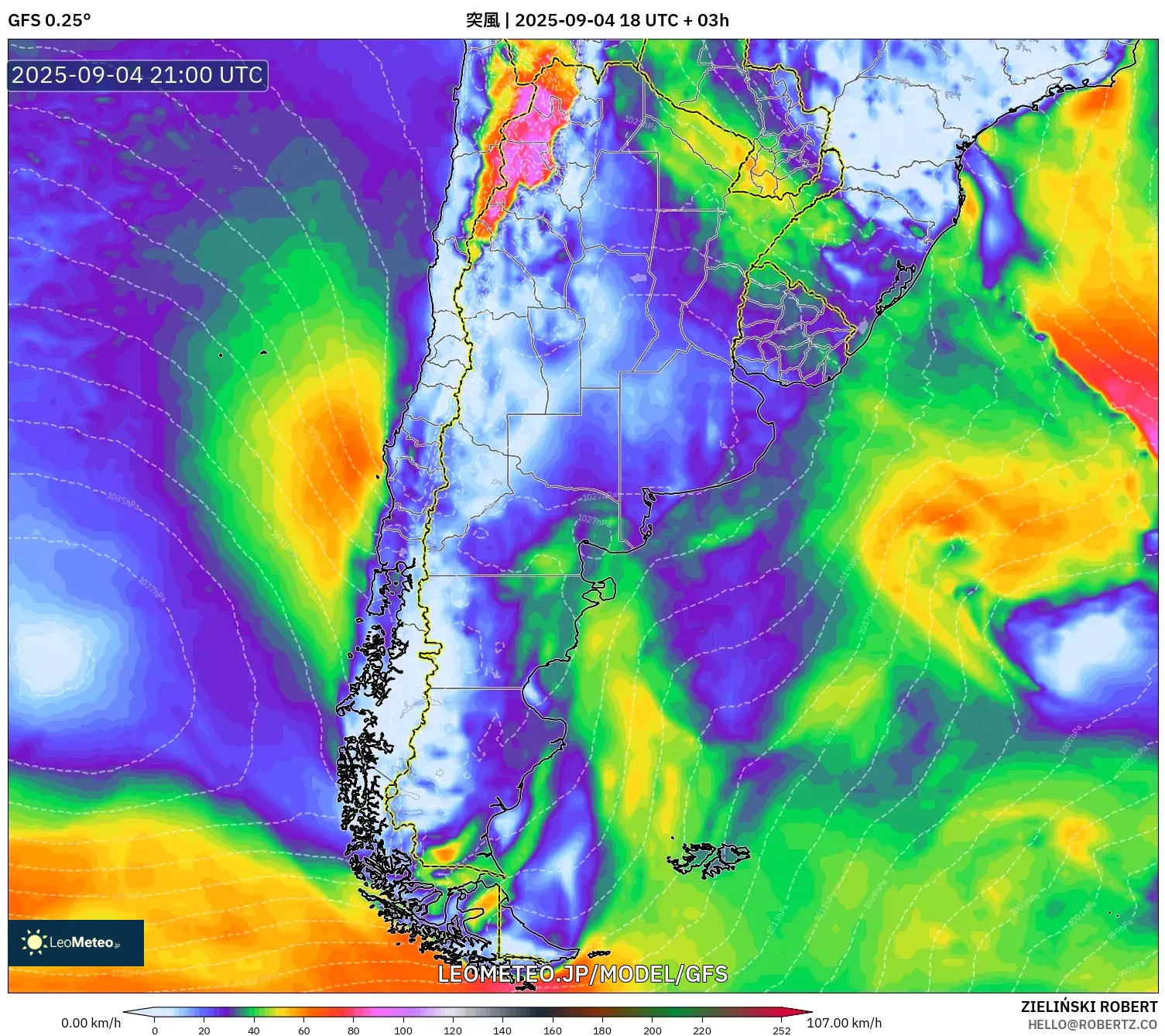 GFS model - アルゼンチン, 突風 GFS model - アルゼンチン, 突風