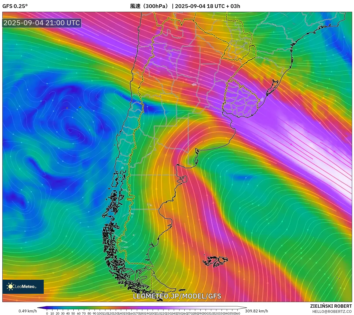 GFS model - アルゼンチン, 風速(300hPa) GFS model - アルゼンチン, 風速(300hPa)