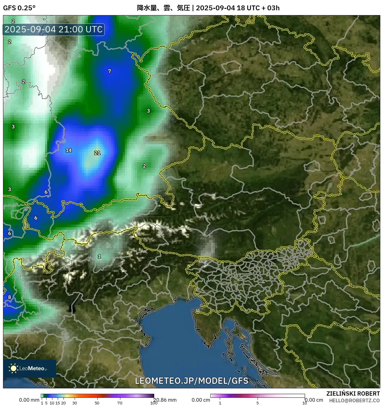GFS model - オーストリア, 降水量、雲、気圧