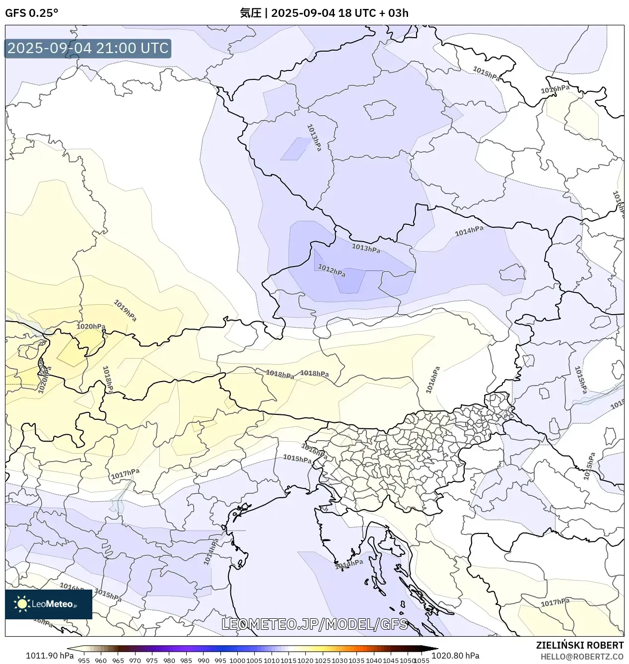 GFS model - オーストリア, 気圧 GFS model - オーストリア, 気圧