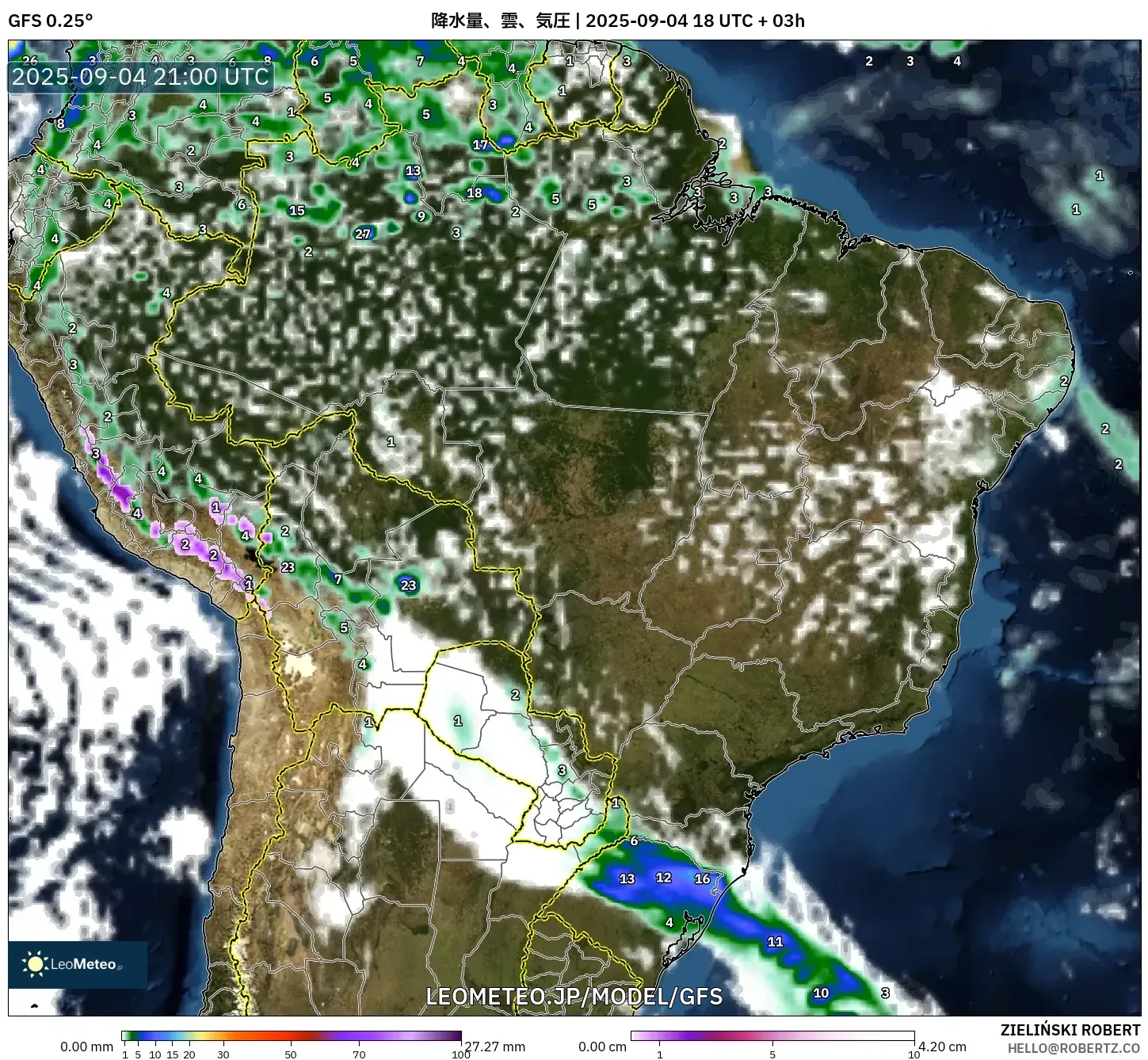 GFS model - ブラジル, 降水量、雲、気圧 GFS model - ブラジル, 降水量、雲、気圧
