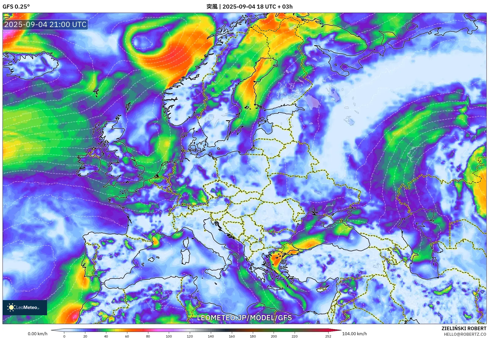 GFS model - ヨーロッパ, 突風 GFS model - ヨーロッパ, 突風