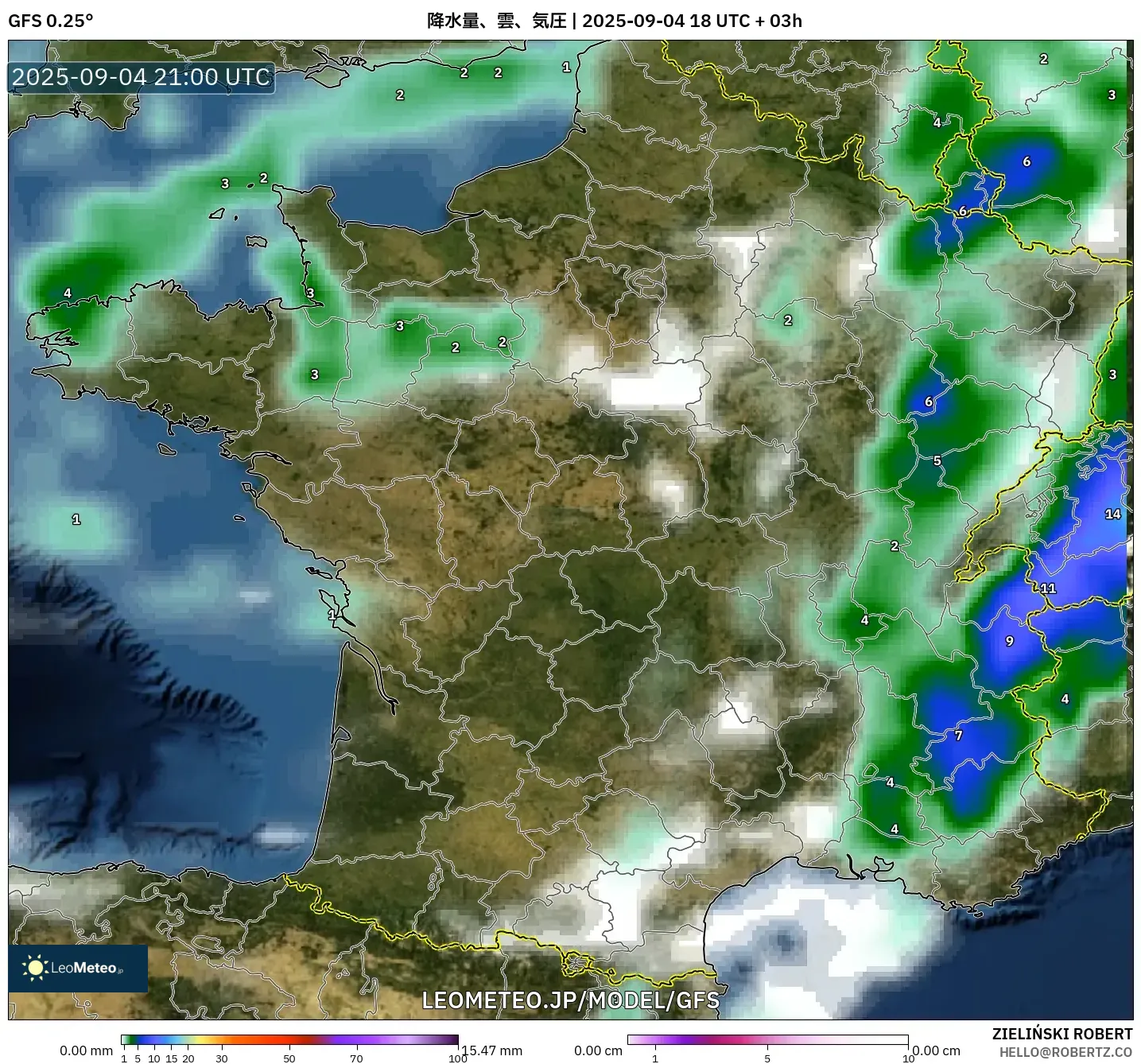 GFS model - フランス, 降水量、雲、気圧 GFS model - フランス, 降水量、雲、気圧