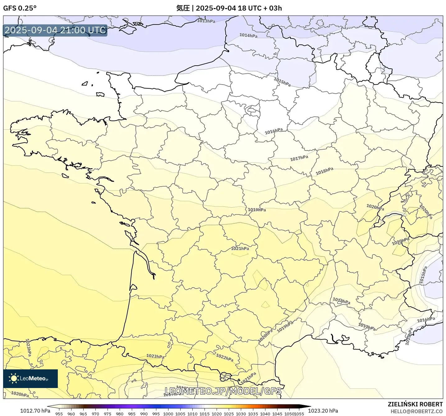 GFS model - フランス, 気圧 GFS model - フランス, 気圧